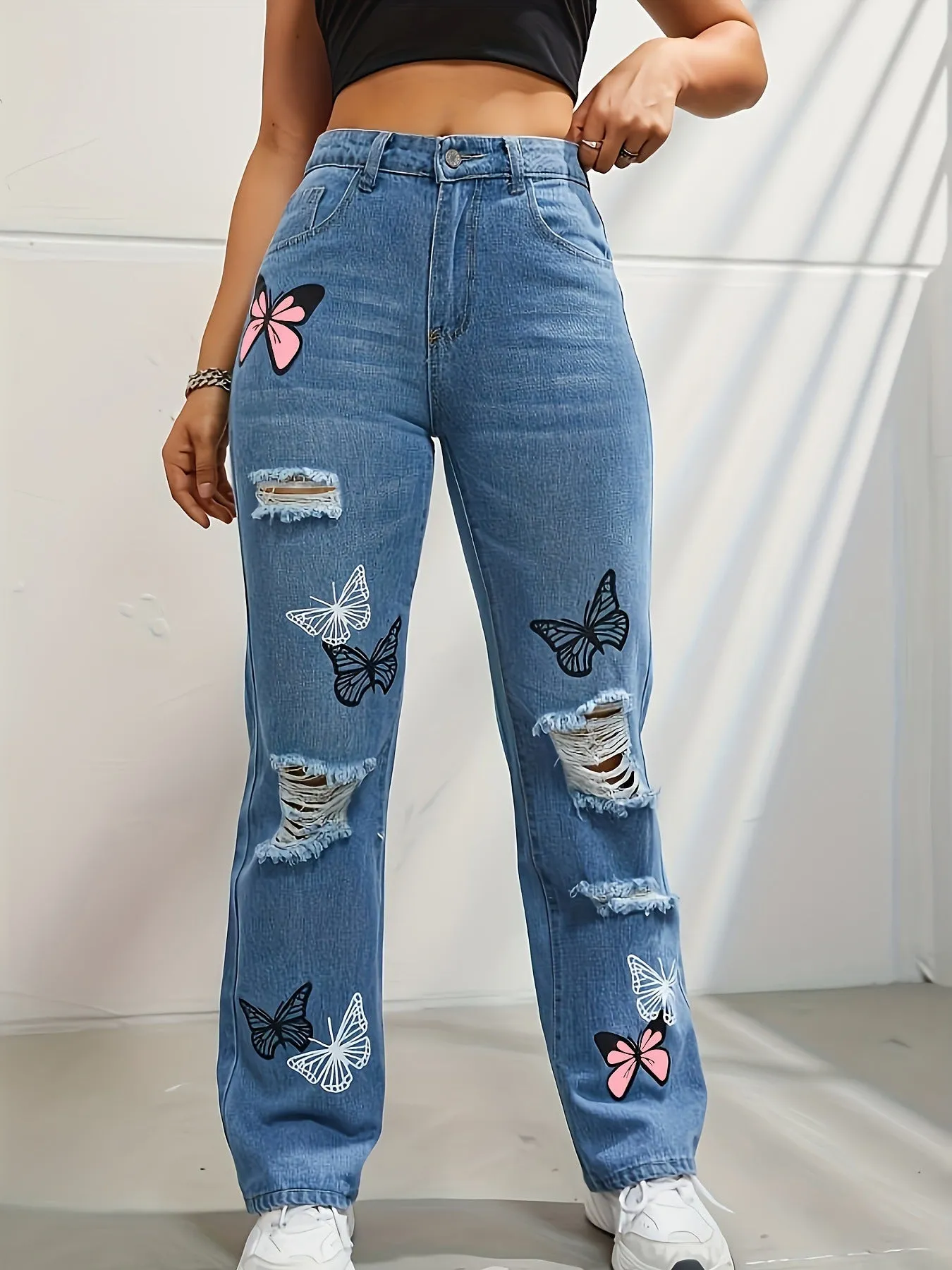 Butterfly Printed Ripped Distressed Jeans