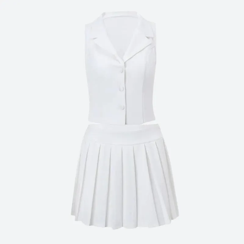 Button Up Top & Pleated Mini Skirt Two Piece Set