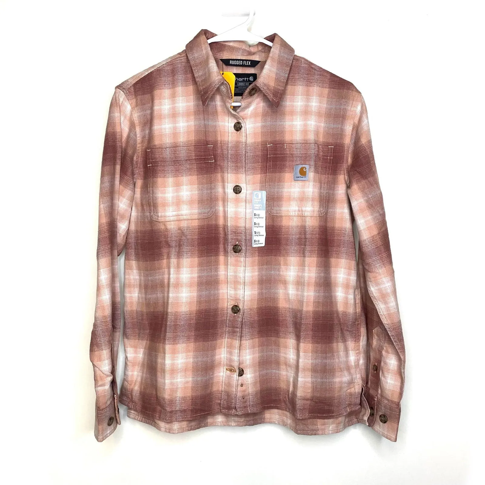 Carhartt Shirt Womens Size S (4-6) Beige Button-Up Long Sleeve Plaid Rugged Flex NWT