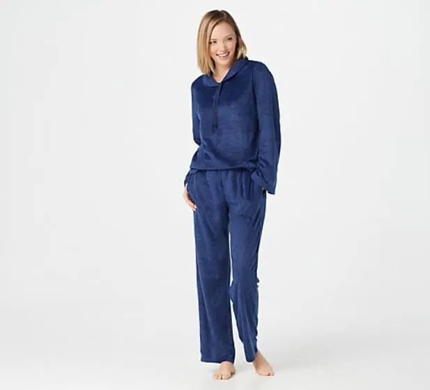 Carole Hochman Shawl Collar Sueded Fleece Lounge Set, Small, Heather Navy