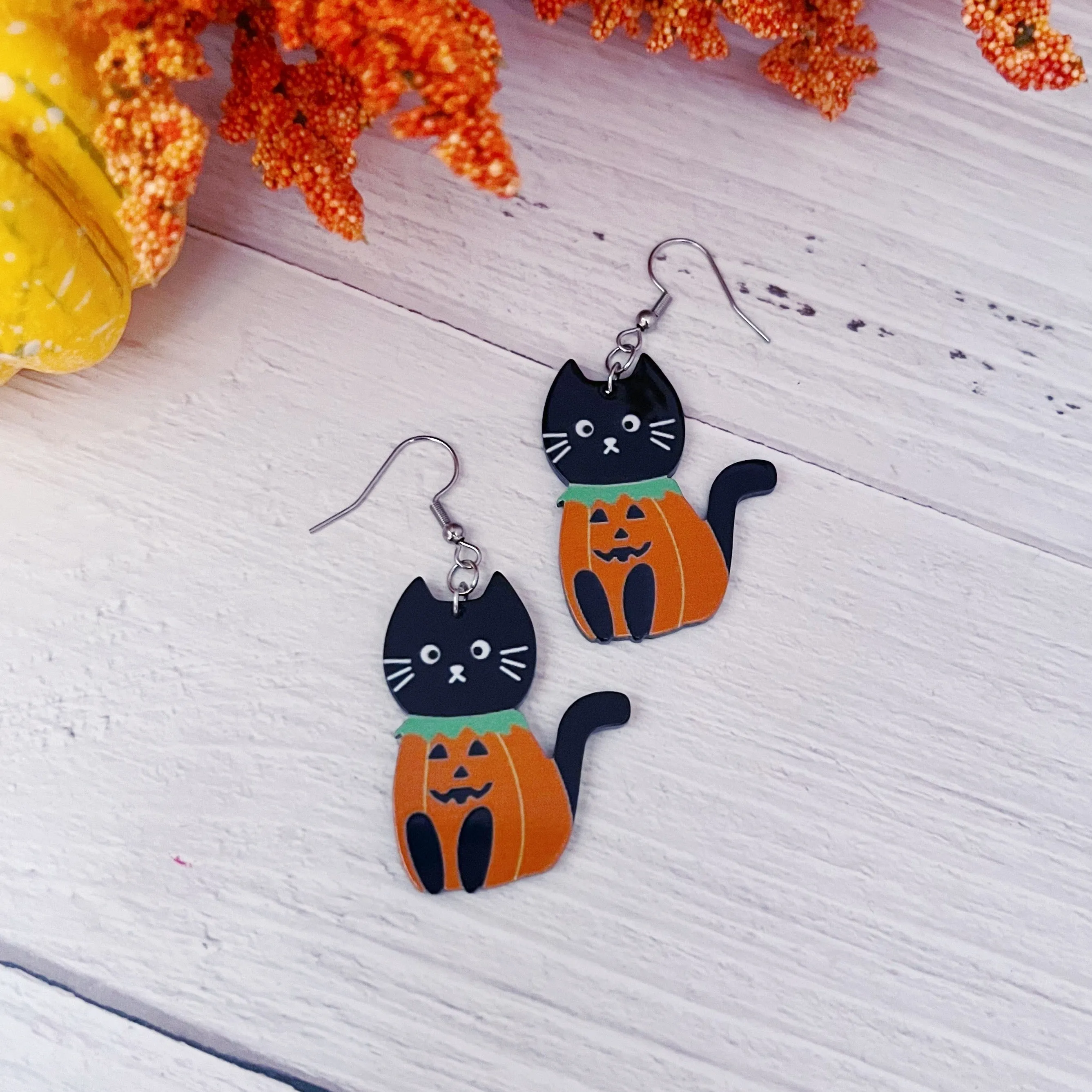 Cat in Pumpkin Costume Dangle Earrings