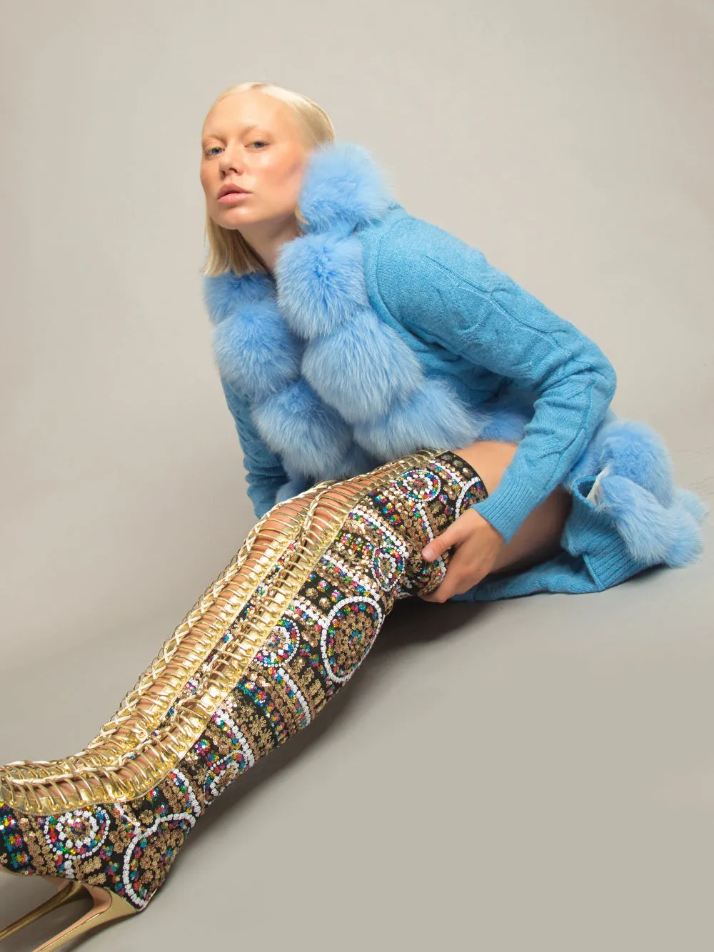 CAVO Fur & Cashmere Cardigan in Blue