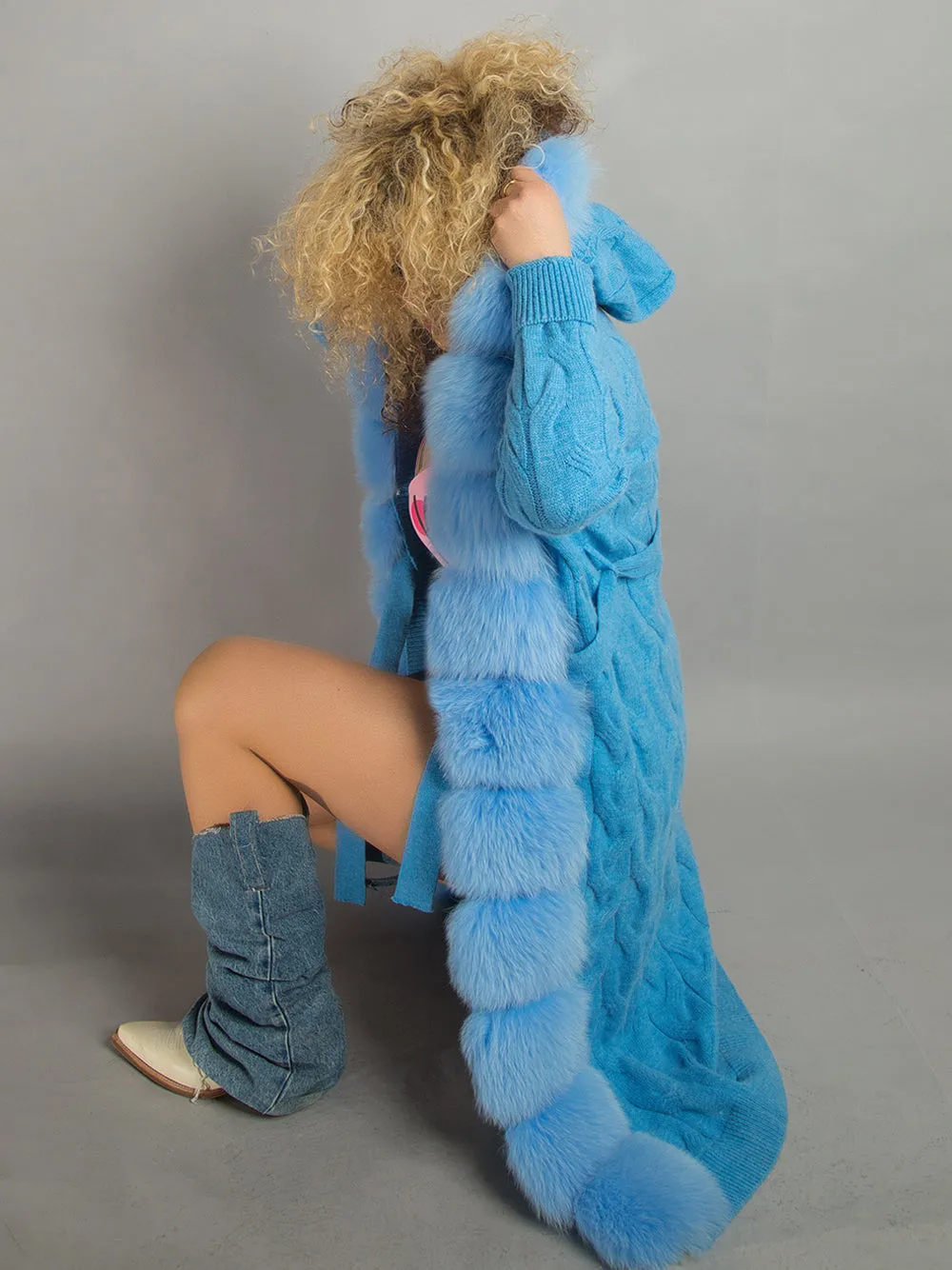 CAVO Fur & Cashmere Cardigan in Blue