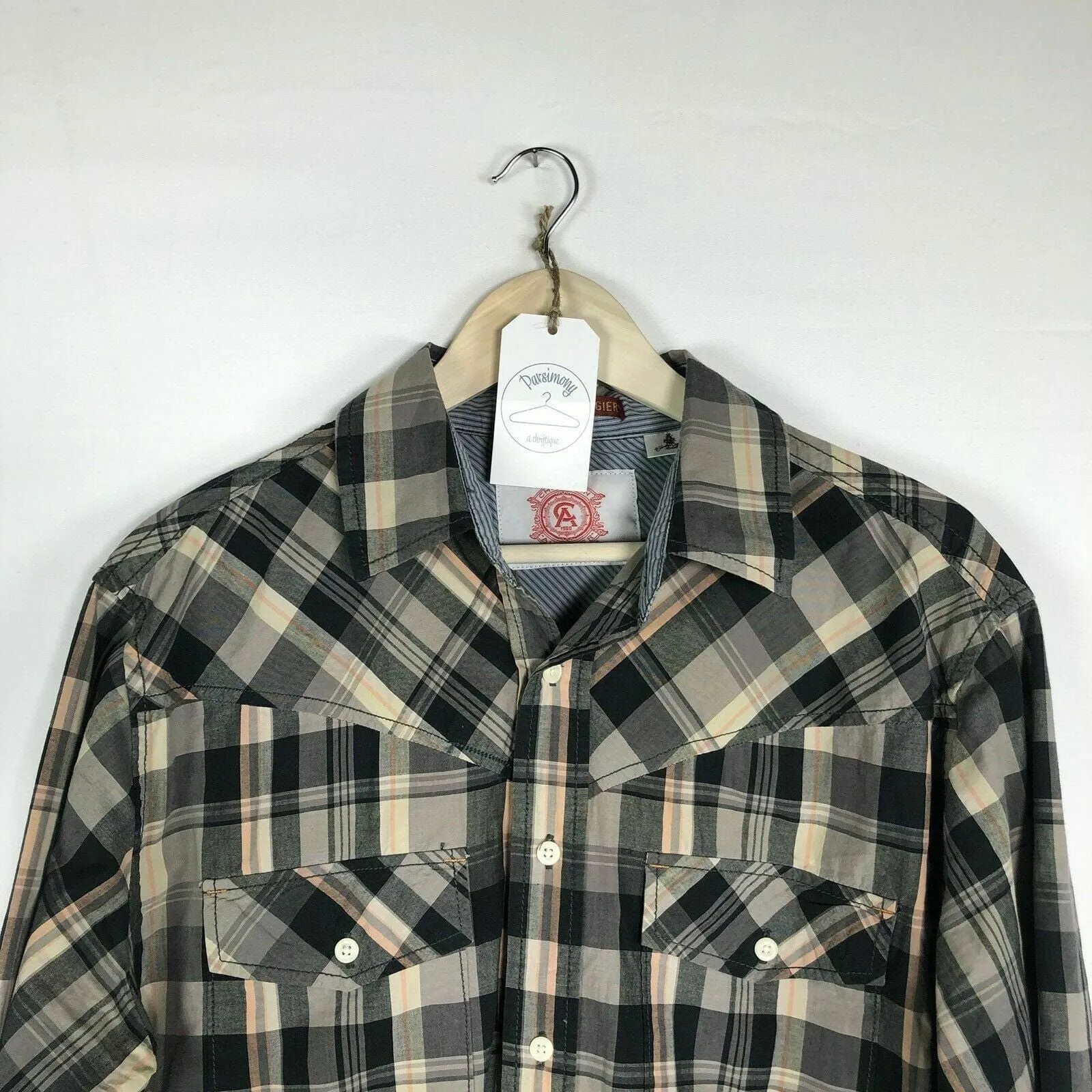 Christian Audigier Men’s Western Snap-Up Dress Shirt | Plaid | Size L (42-44) | Long Sleeve | EUC