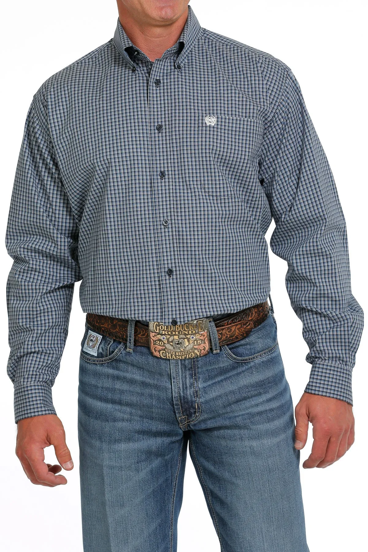 Cinch® Men's Navy Plaid Cotton-Spandex Long Sleeve Button Front Western Shirt