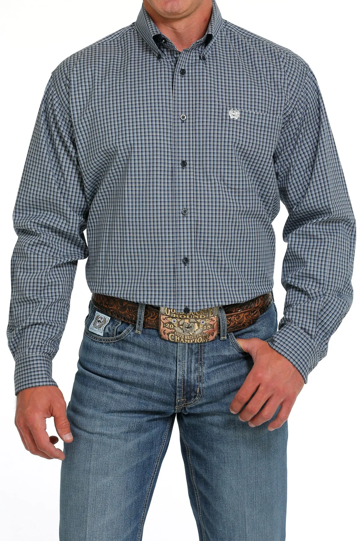 Cinch® Men's Navy Plaid Cotton-Spandex Long Sleeve Button Front Western Shirt