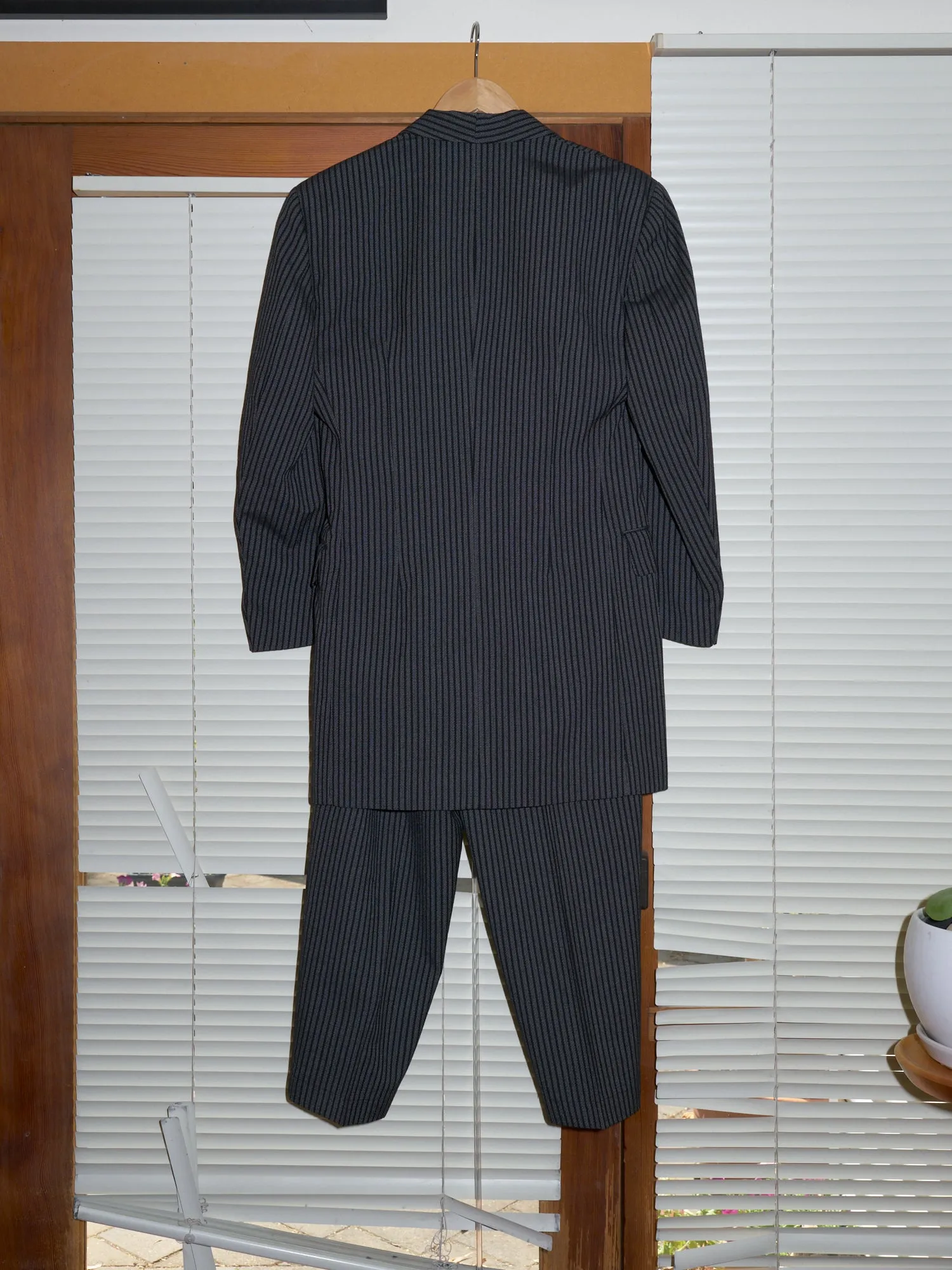 Comme des Garcons 1980s grey wool stripe shawl collar coat trouser suit - size S