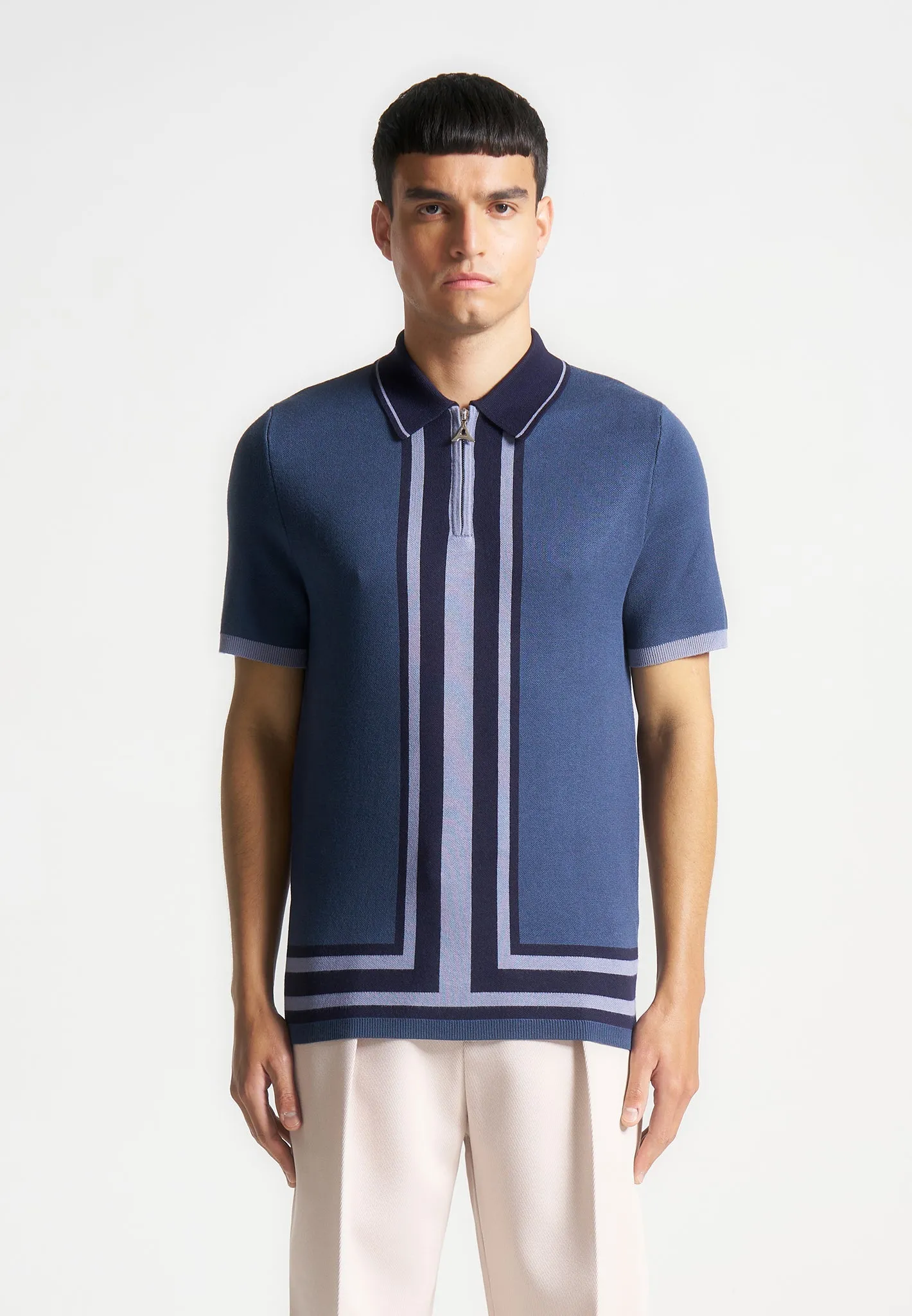 Contrast Border Knit Zip Polo Shirt - Blue