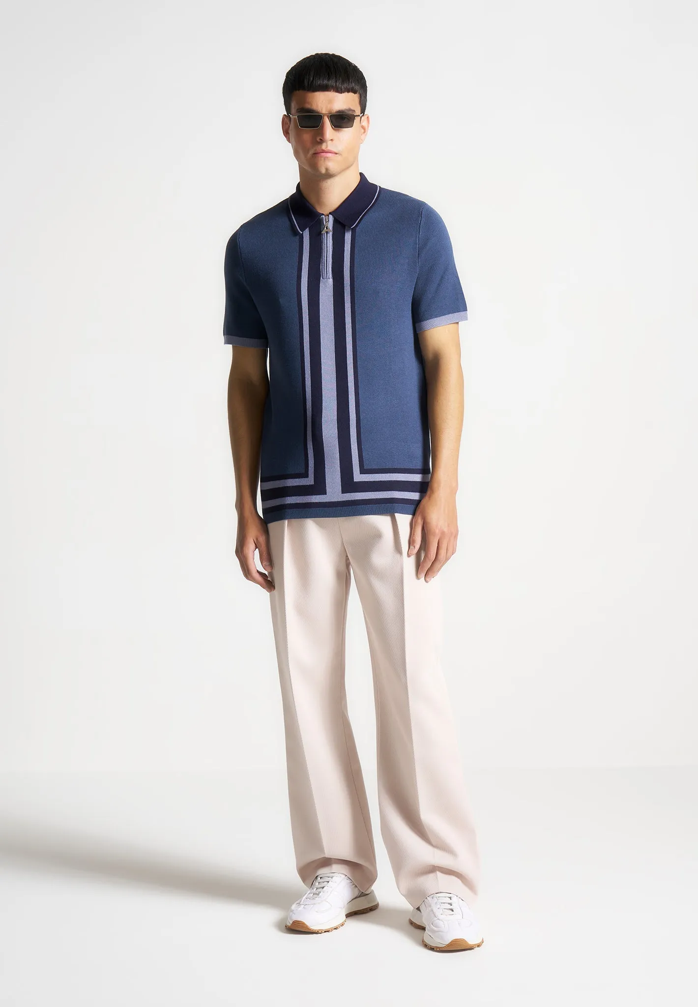 Contrast Border Knit Zip Polo Shirt - Blue