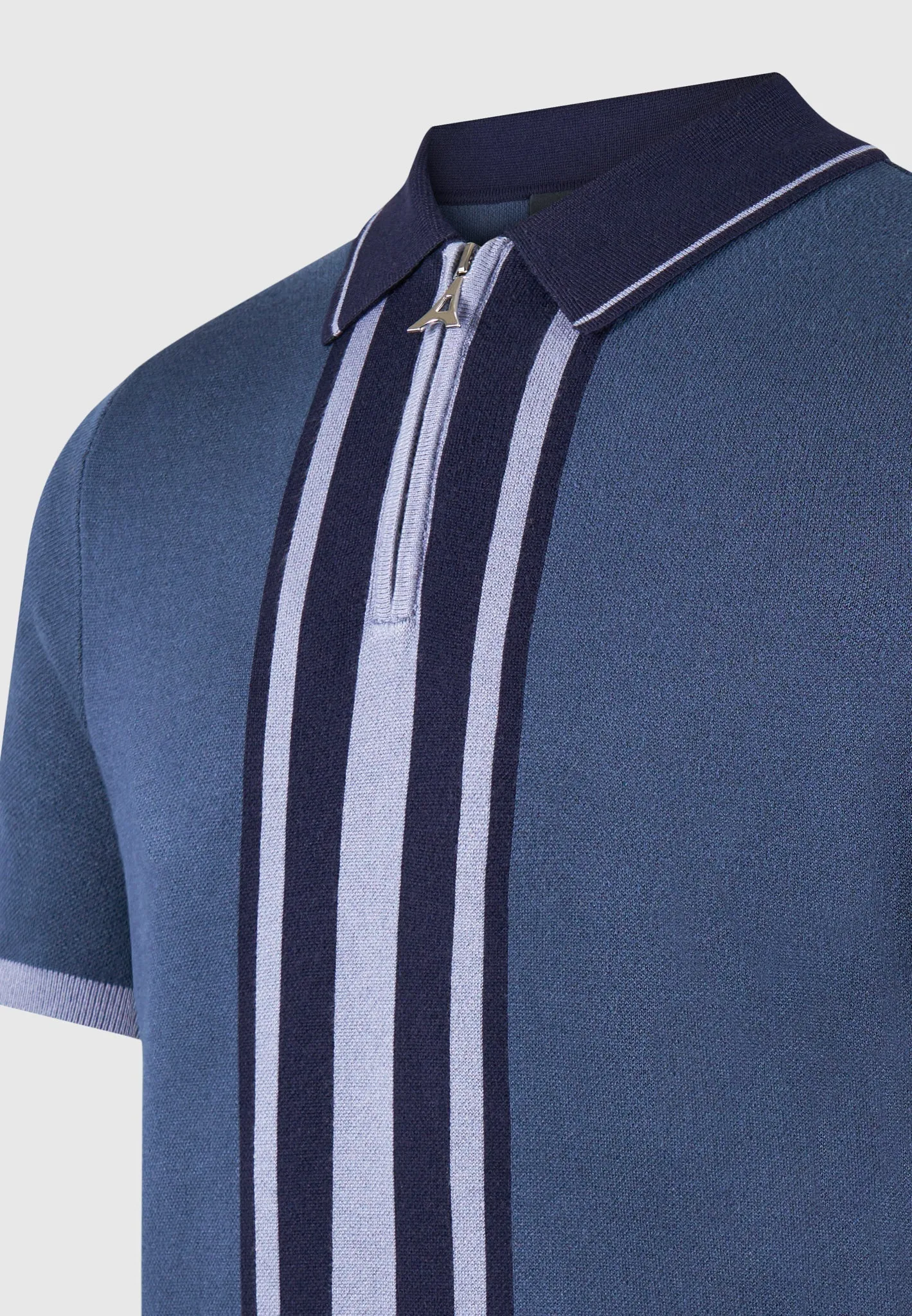 Contrast Border Knit Zip Polo Shirt - Blue