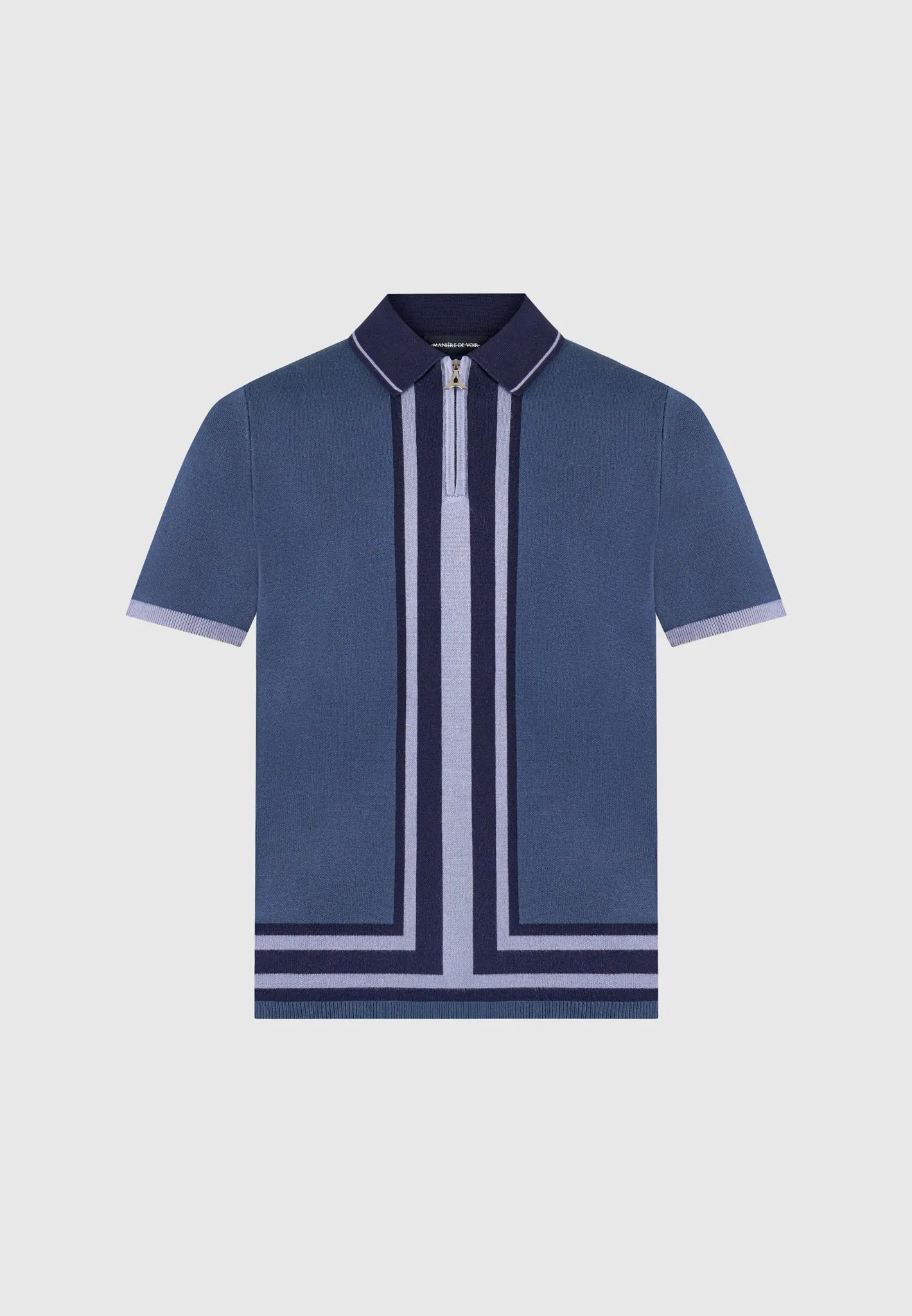 Contrast Border Knit Zip Polo Shirt - Blue