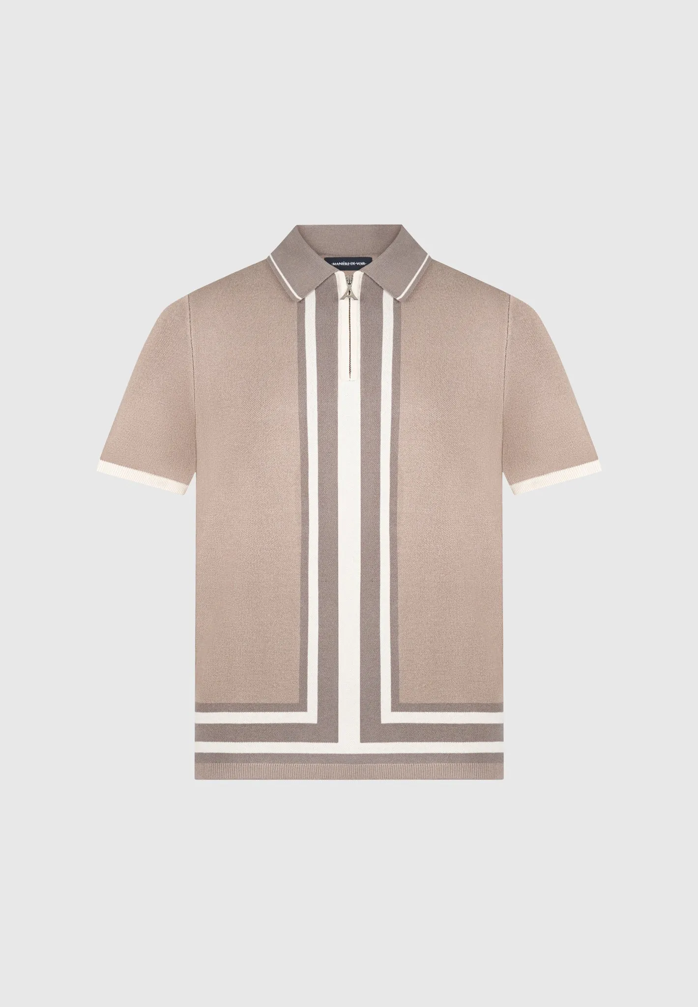 Contrast Border Knit Zip Polo Shirt - Taupe