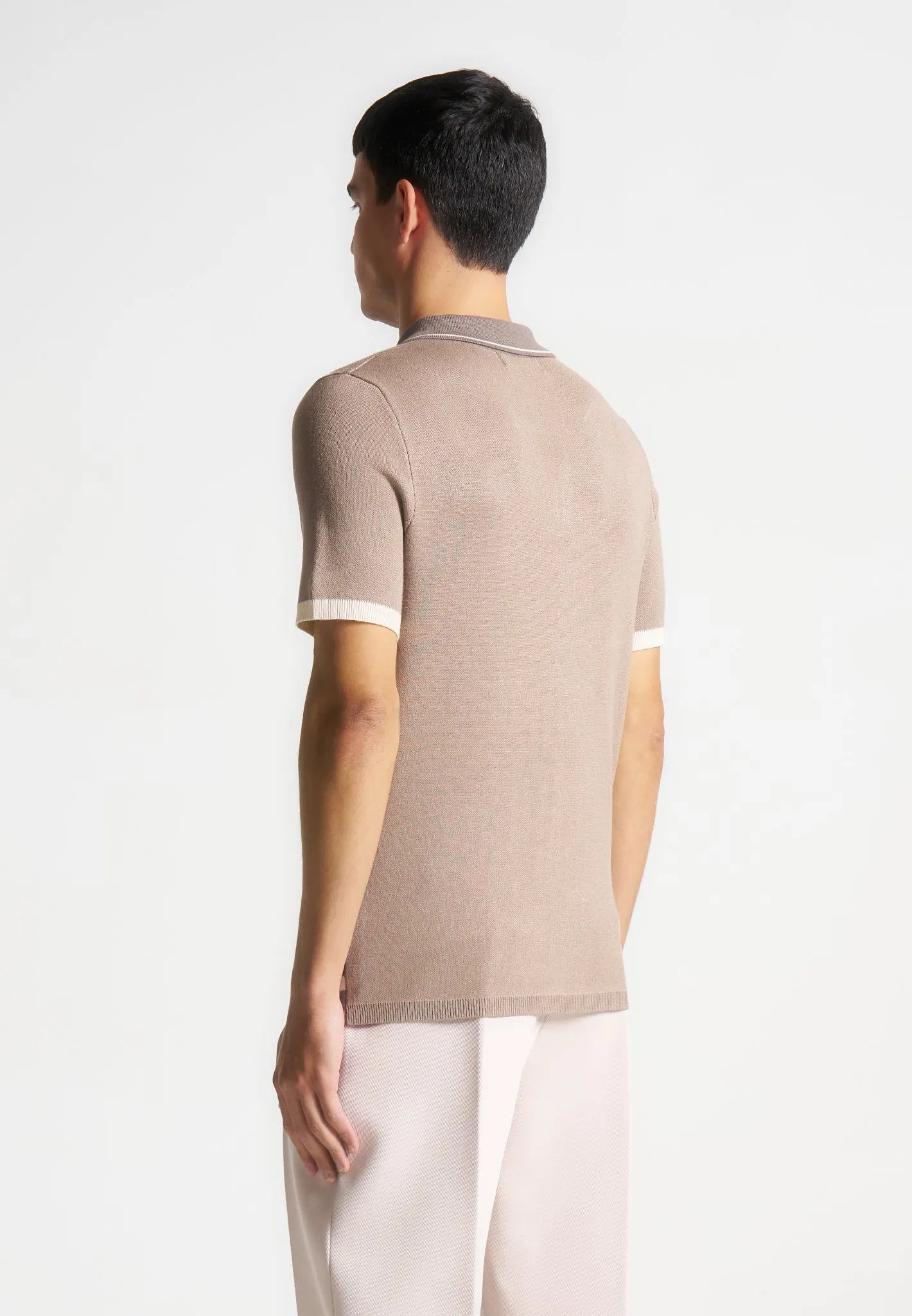 Contrast Border Knit Zip Polo Shirt - Taupe