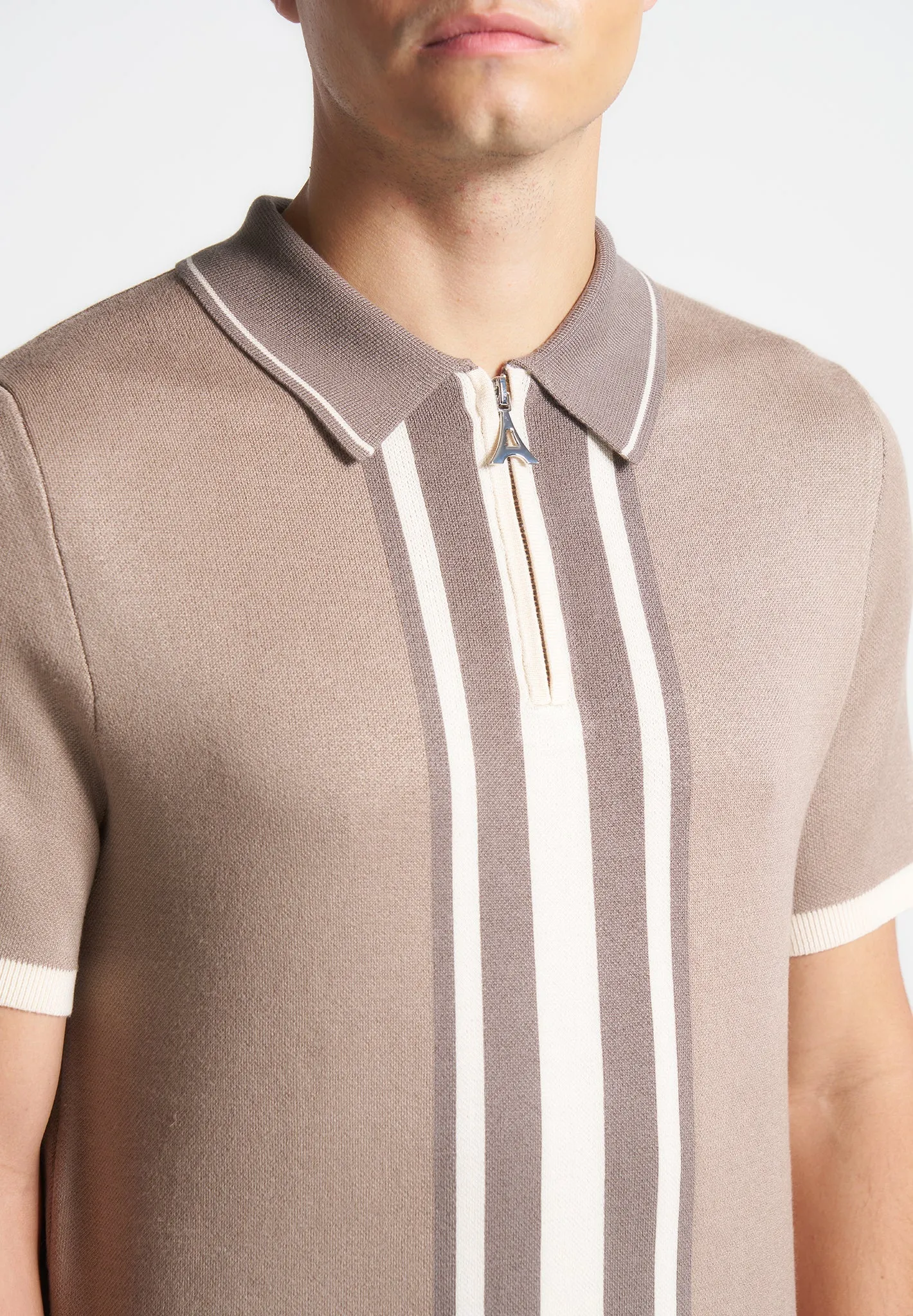 Contrast Border Knit Zip Polo Shirt - Taupe