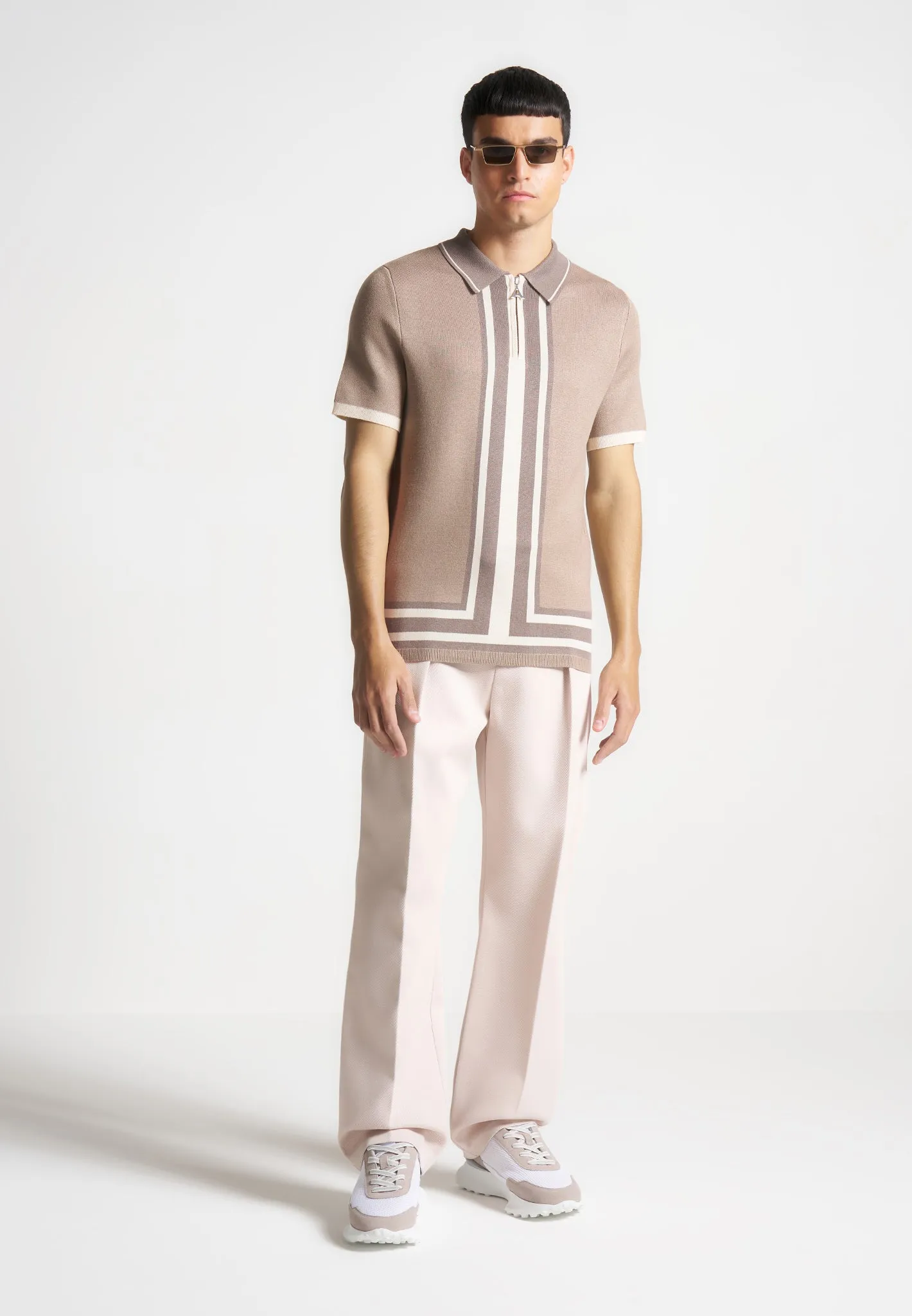 Contrast Border Knit Zip Polo Shirt - Taupe