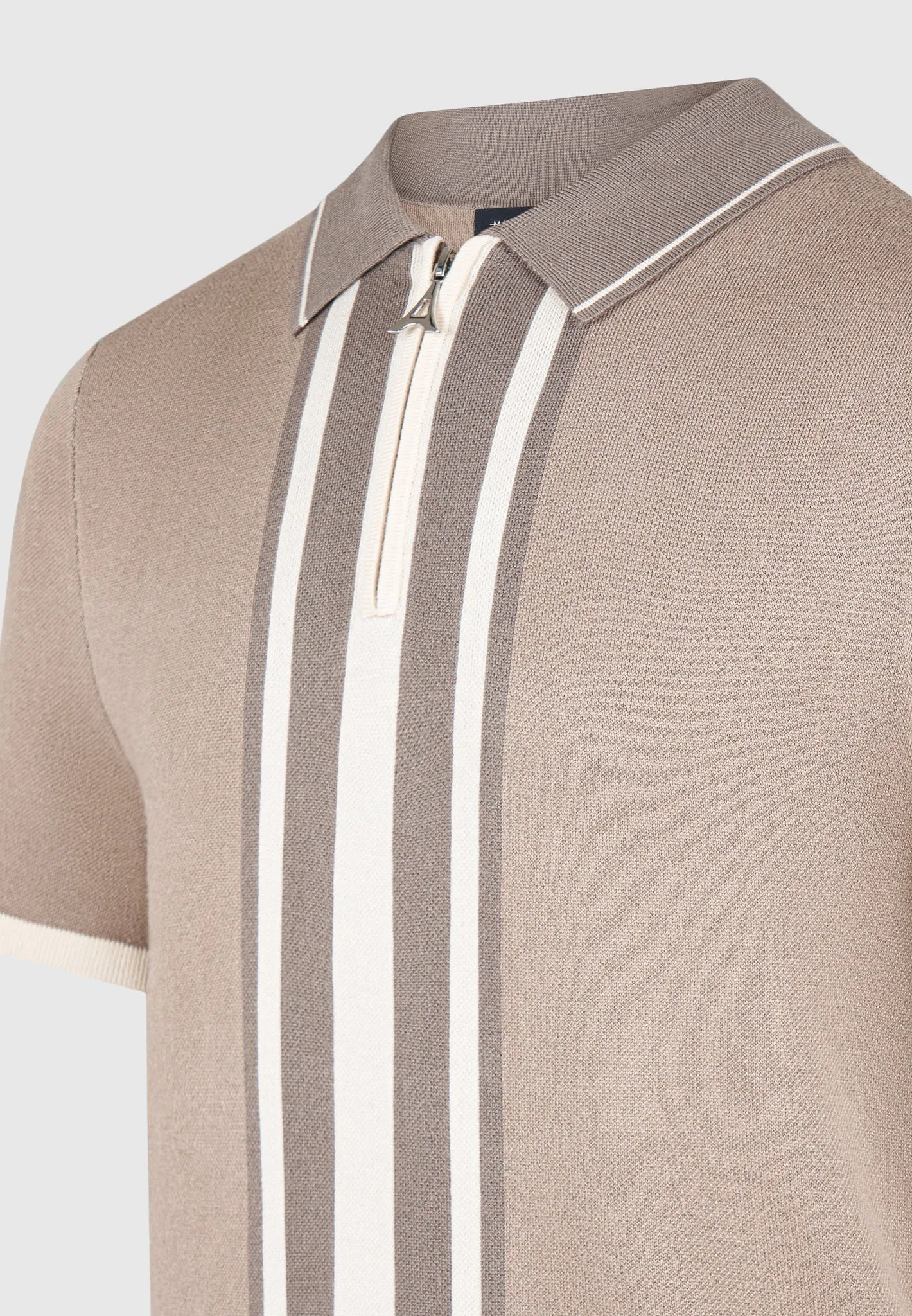 Contrast Border Knit Zip Polo Shirt - Taupe