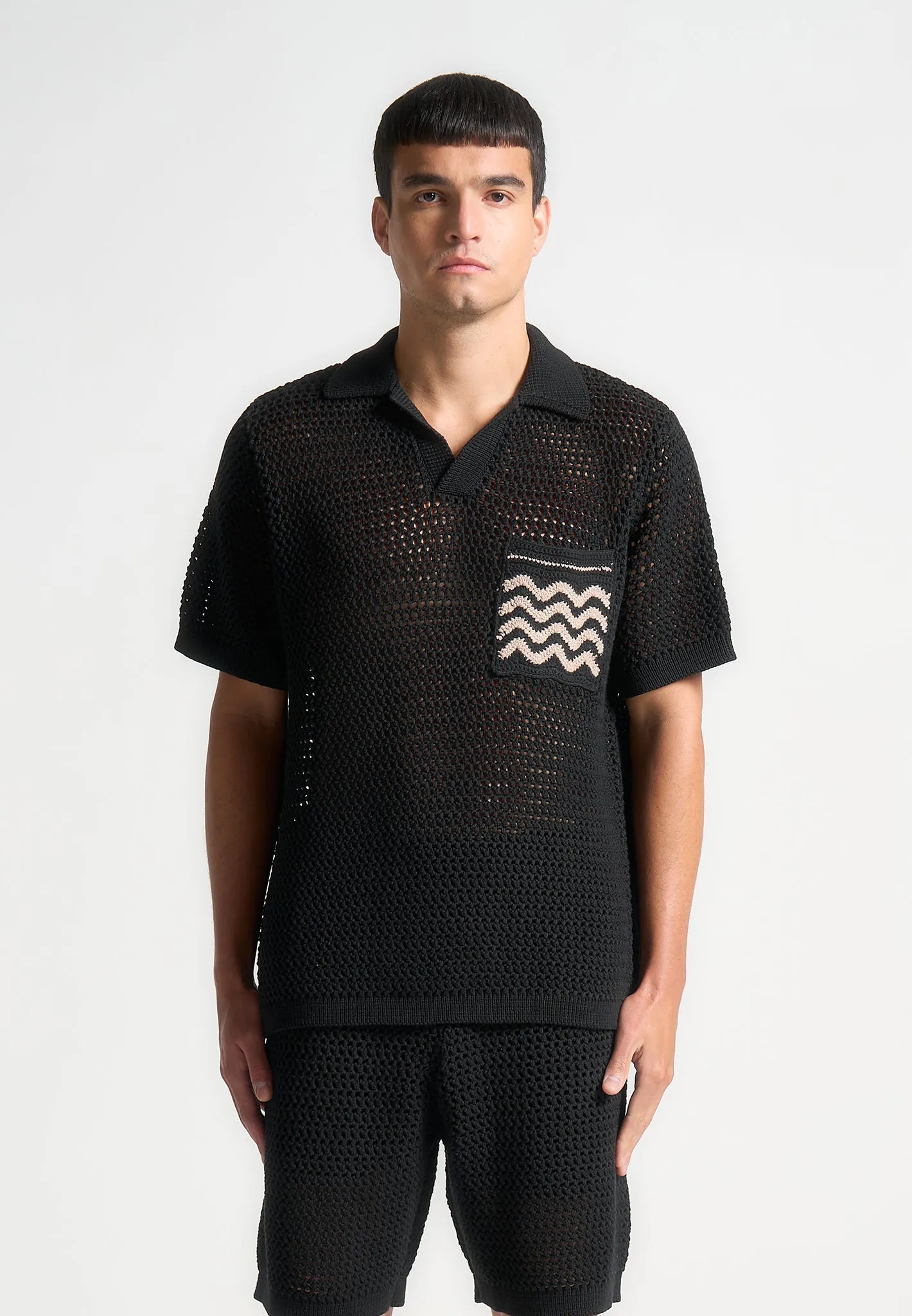 Crochet Knit Polo Shirt  - Black