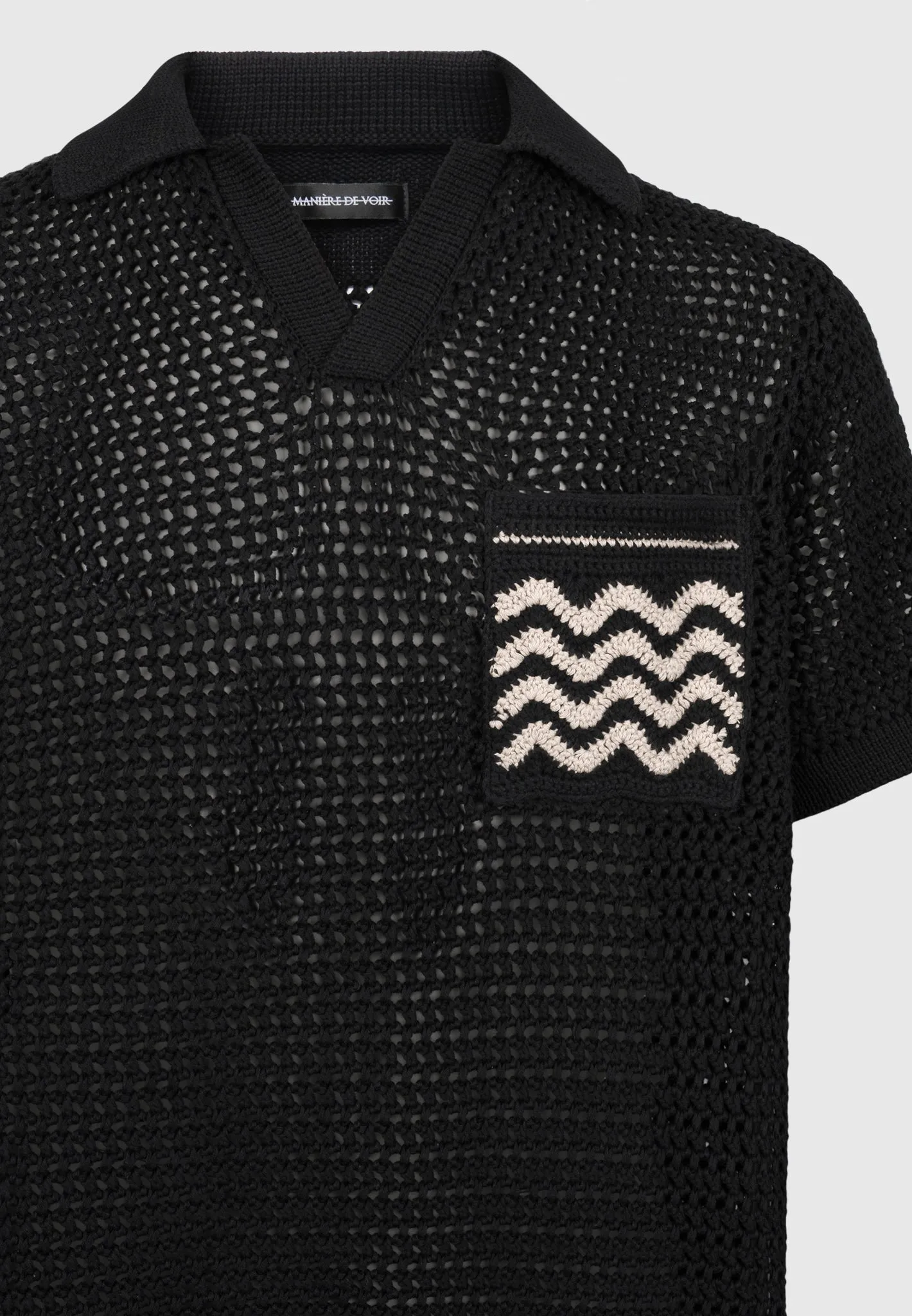 Crochet Knit Polo Shirt  - Black