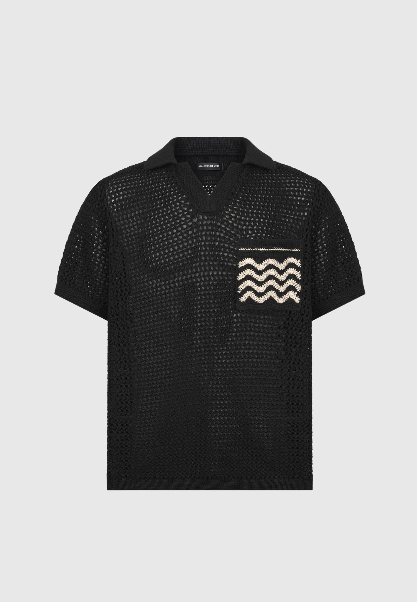 Crochet Knit Polo Shirt  - Black