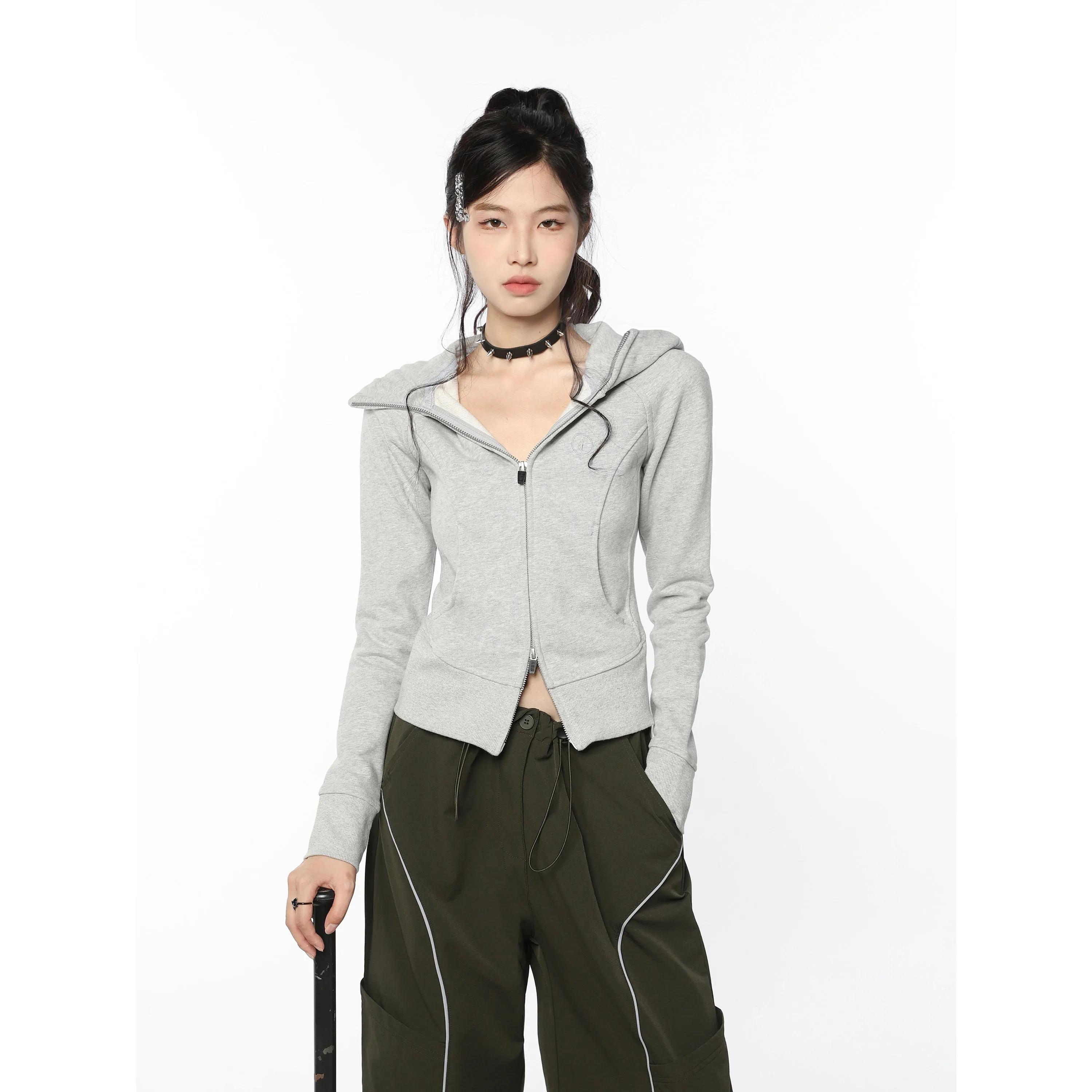 Cropped Zip-up Hoodie with Raw Hem Detail