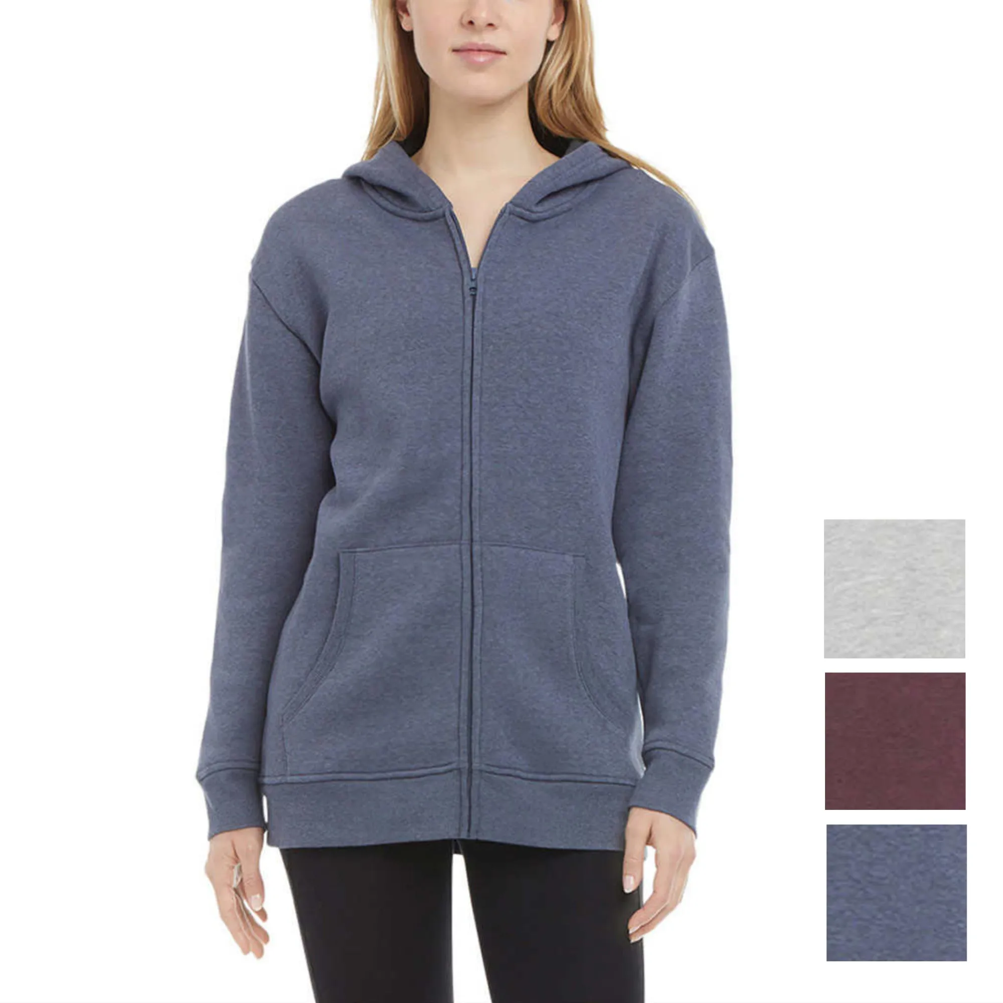 Danskin Women's Kangaroo Pockets Cotton Blend Soft Brushed Fleece Casual Active Full Zip Hoodie