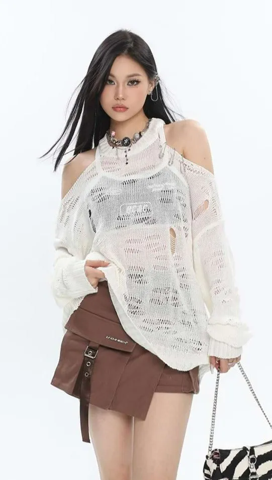 Distressed Cold Shoulder Pullover Knit Top