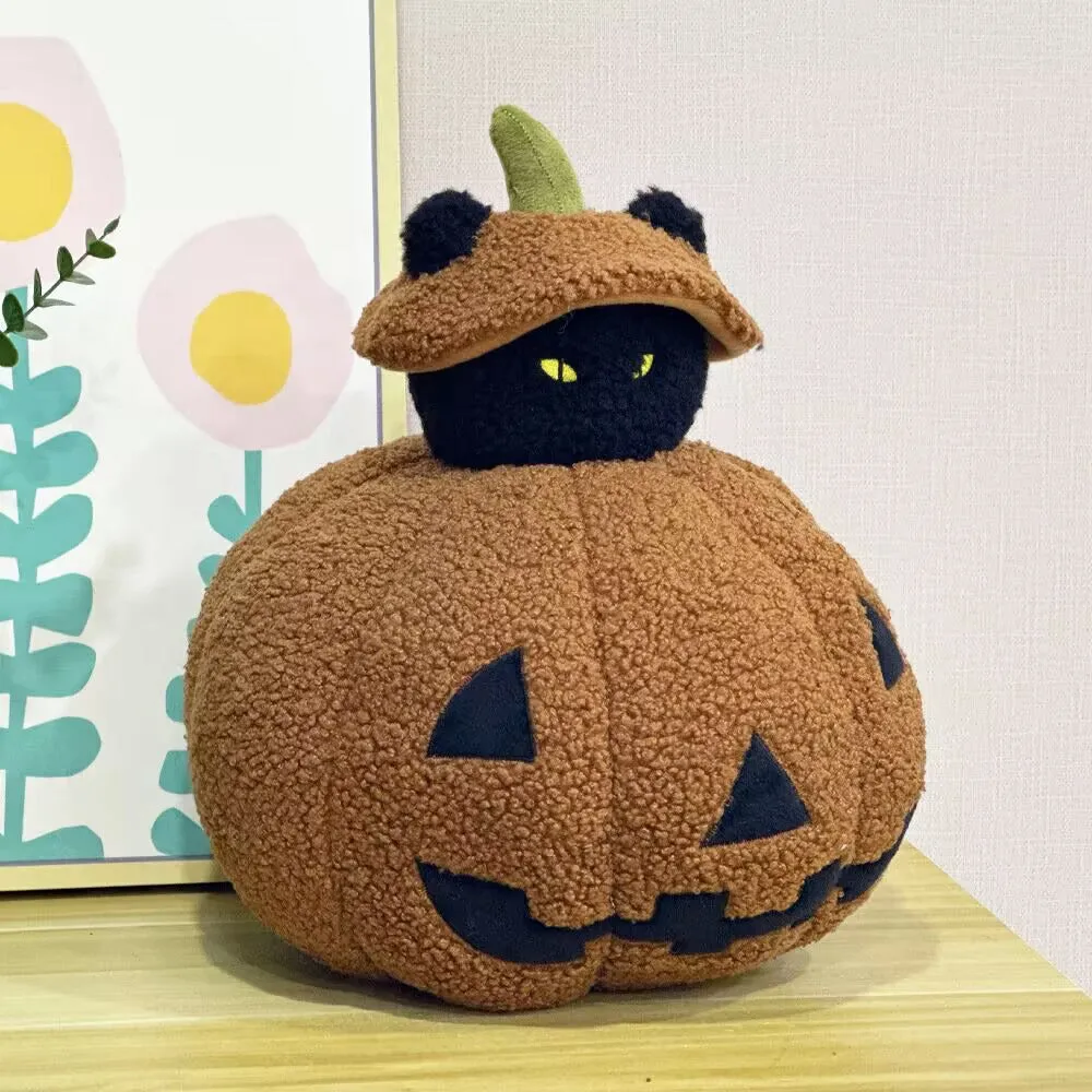 ELAINREN Creative Pumpkin Cat Plush Toy Halloween Stuffed Black Cat Wearing Pumpkin Costume/24*33cm