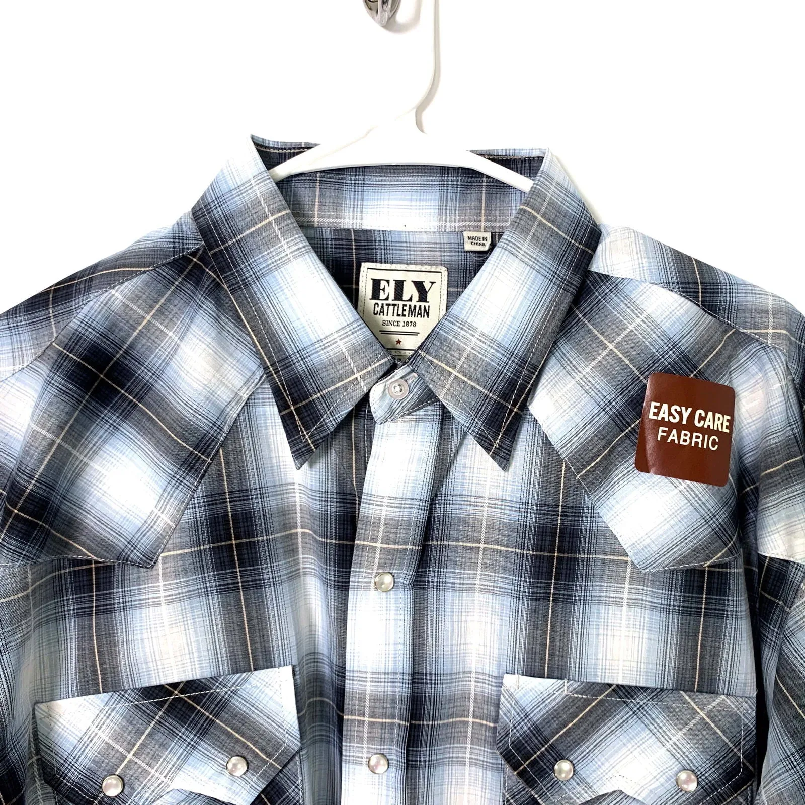 Ely Cattleman Mens Blue Plaid Western Long Sleeve Pearl Snap Up NWT