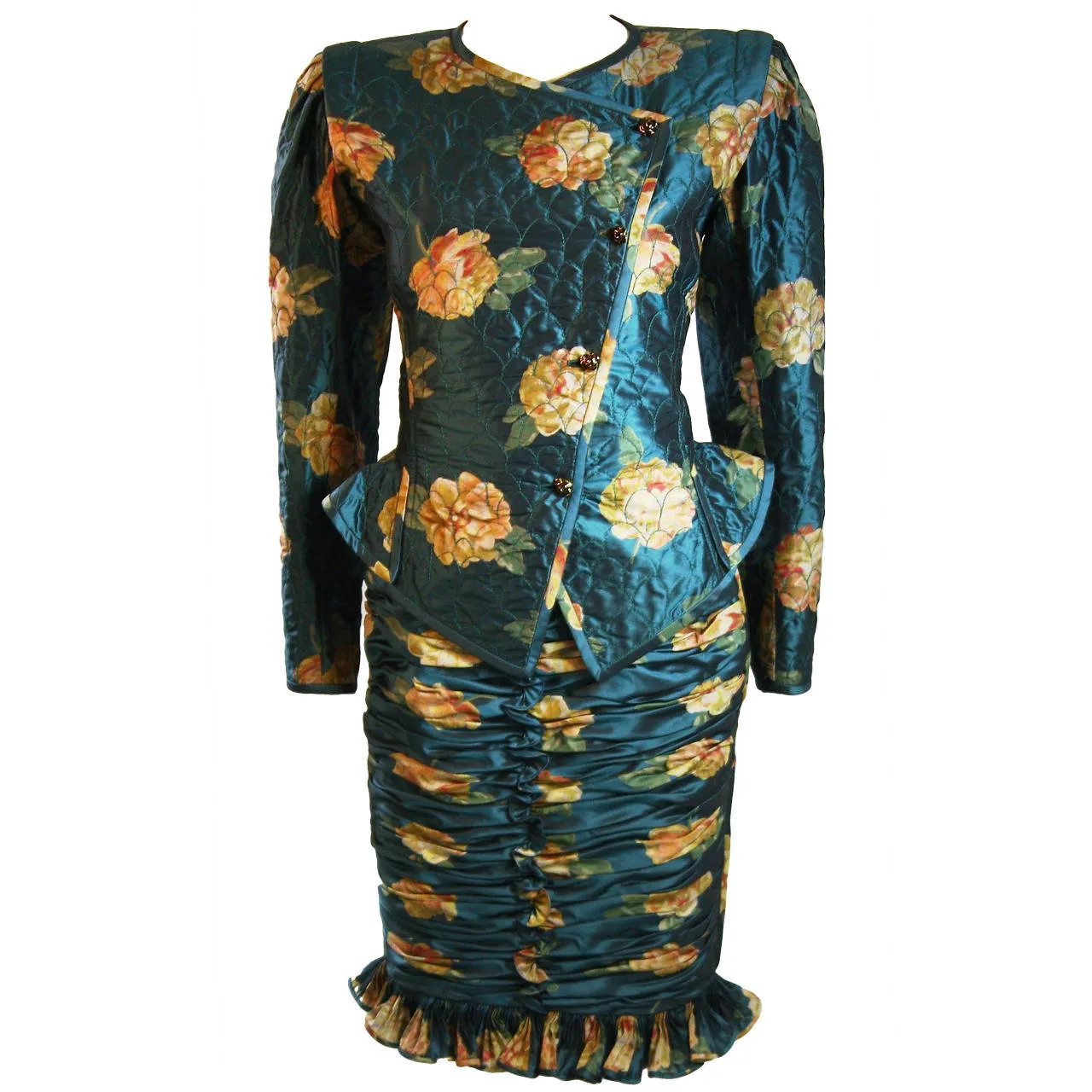 EMANUEL UNGARO Teal Floral Skirt Suit with Rouching Size 6