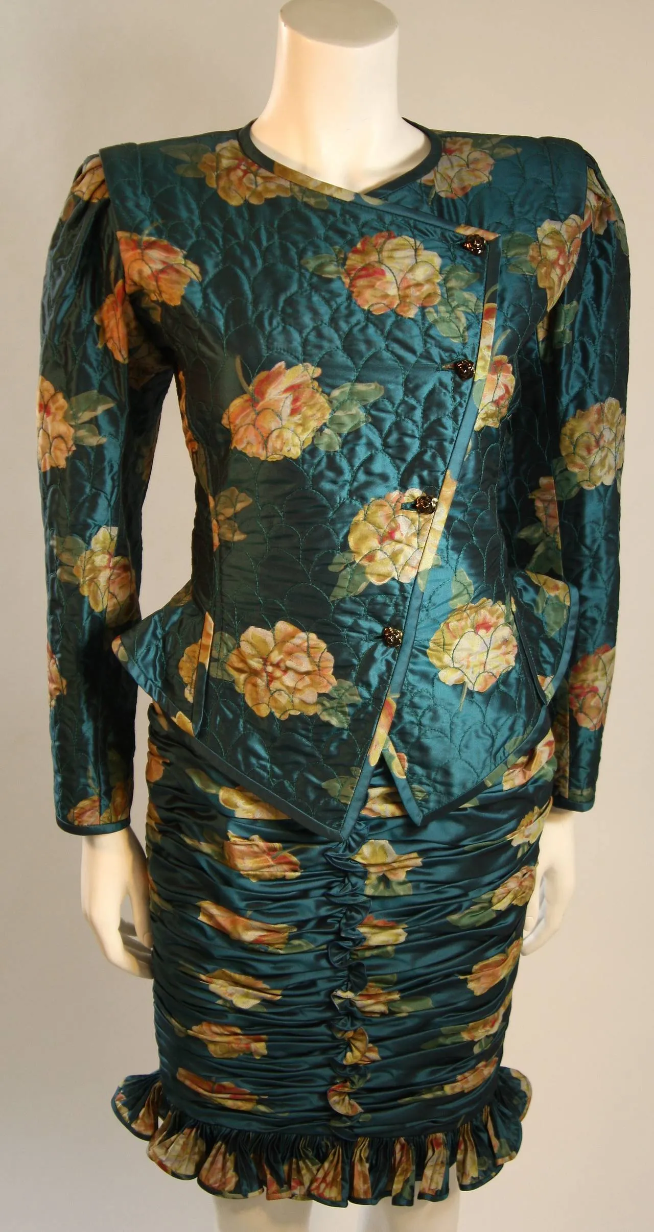 EMANUEL UNGARO Teal Floral Skirt Suit with Rouching Size 6