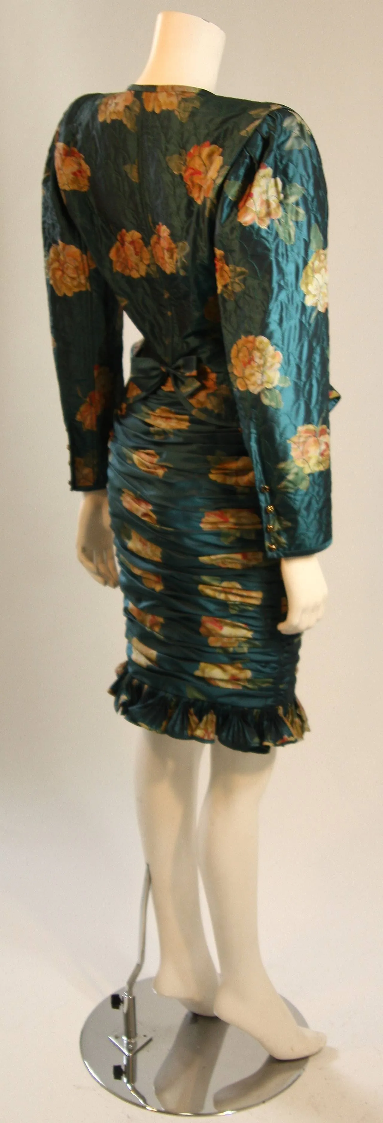 EMANUEL UNGARO Teal Floral Skirt Suit with Rouching Size 6