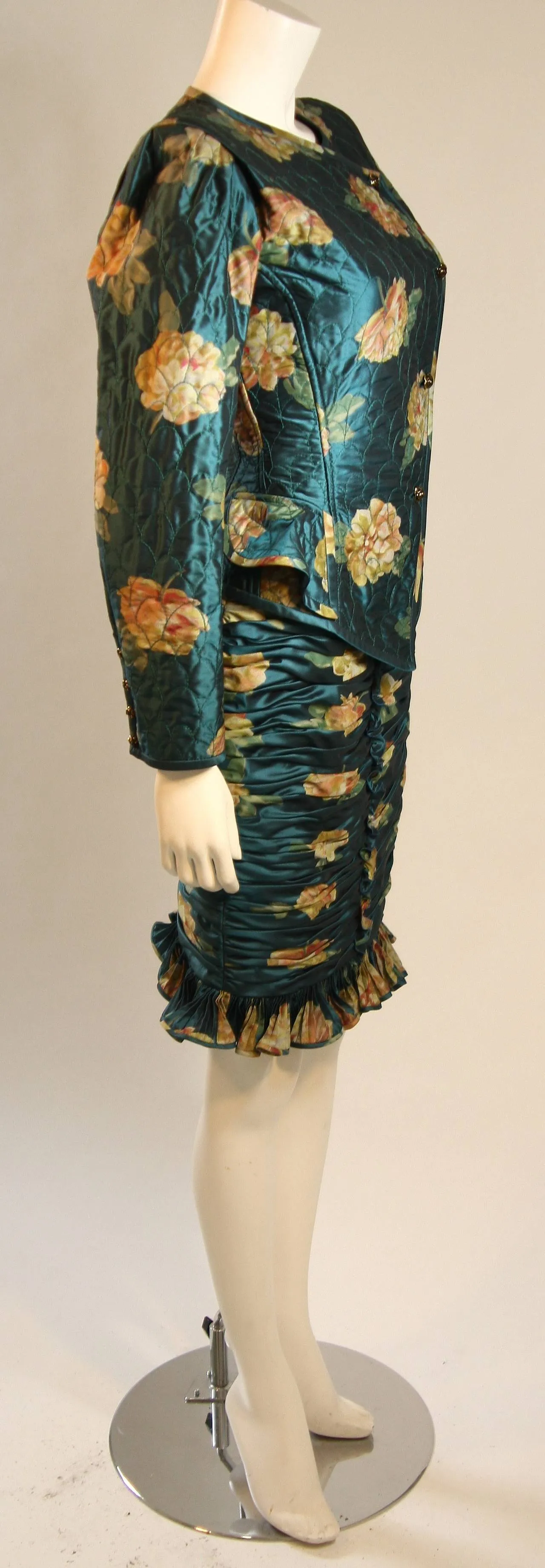 EMANUEL UNGARO Teal Floral Skirt Suit with Rouching Size 6