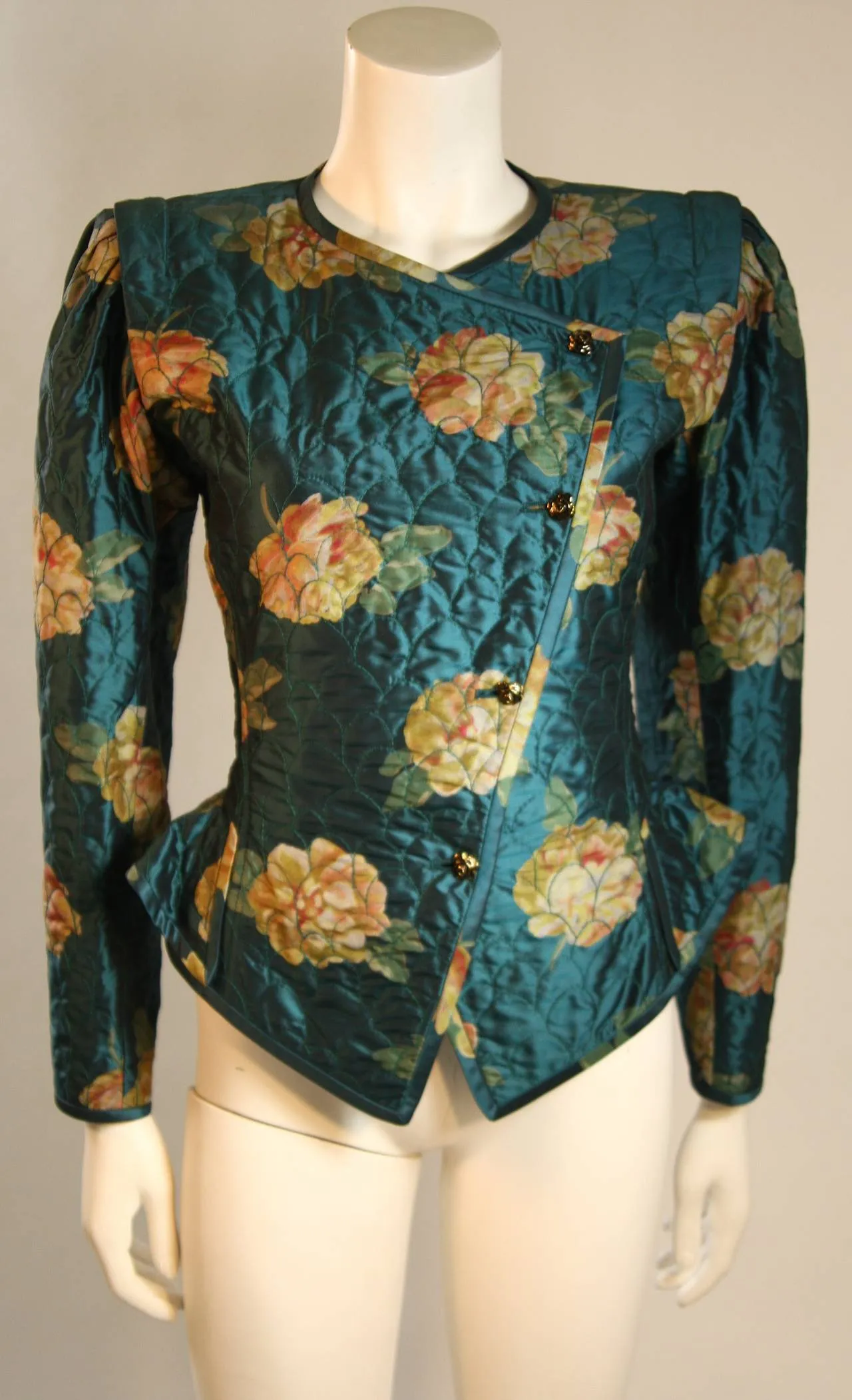 EMANUEL UNGARO Teal Floral Skirt Suit with Rouching Size 6