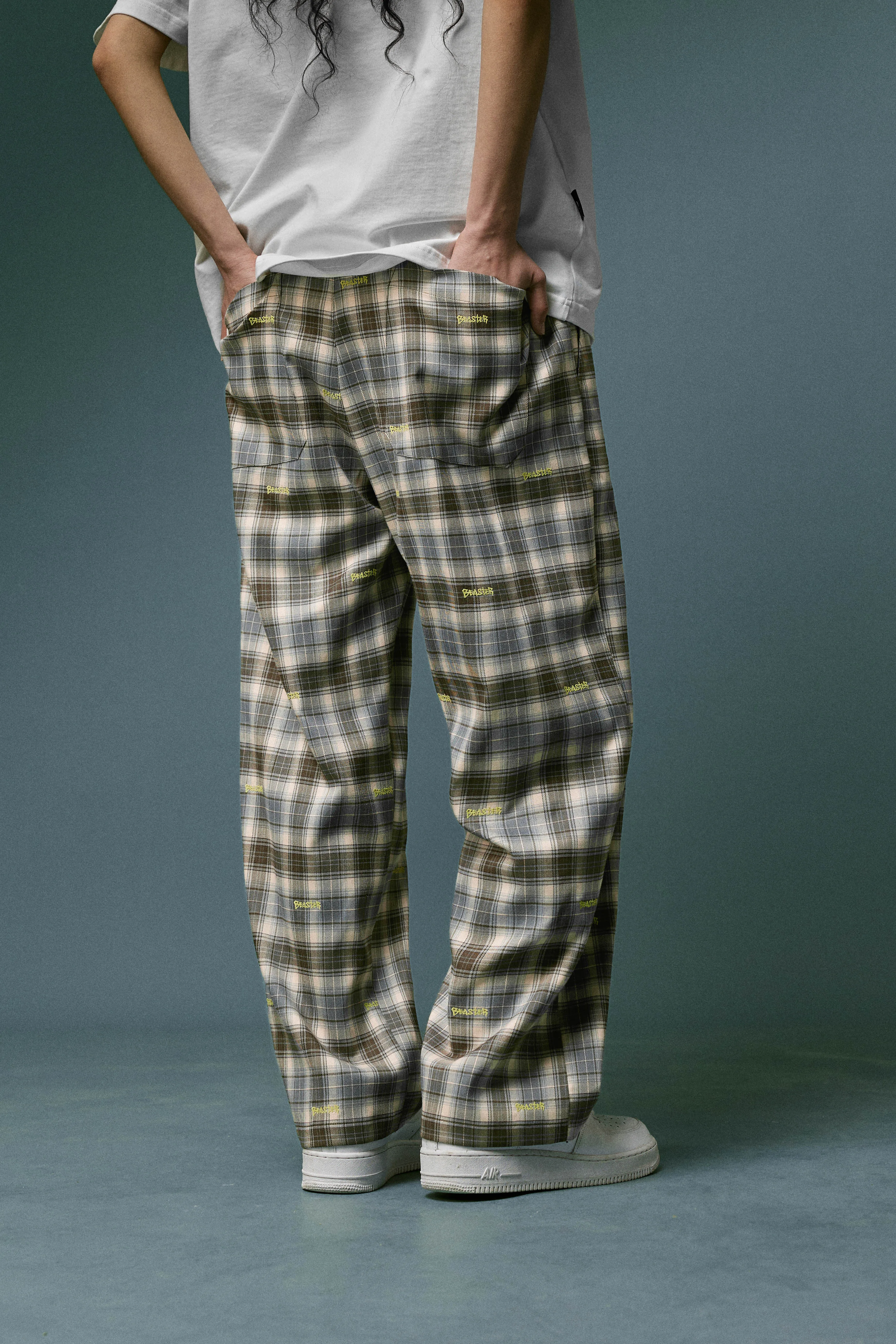 Embroidered Plaid Pants Vintage Straight Trousers