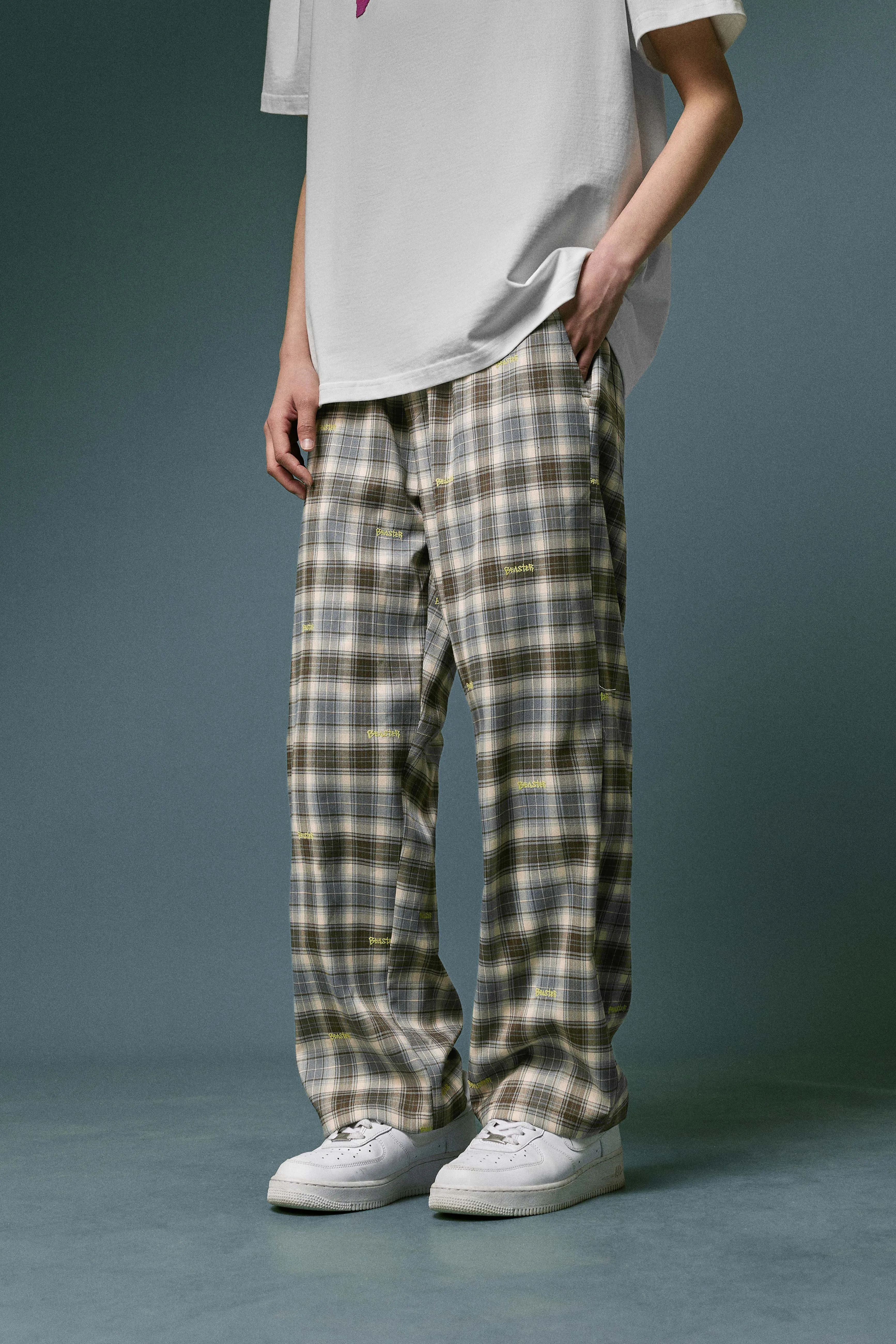 Embroidered Plaid Pants Vintage Straight Trousers