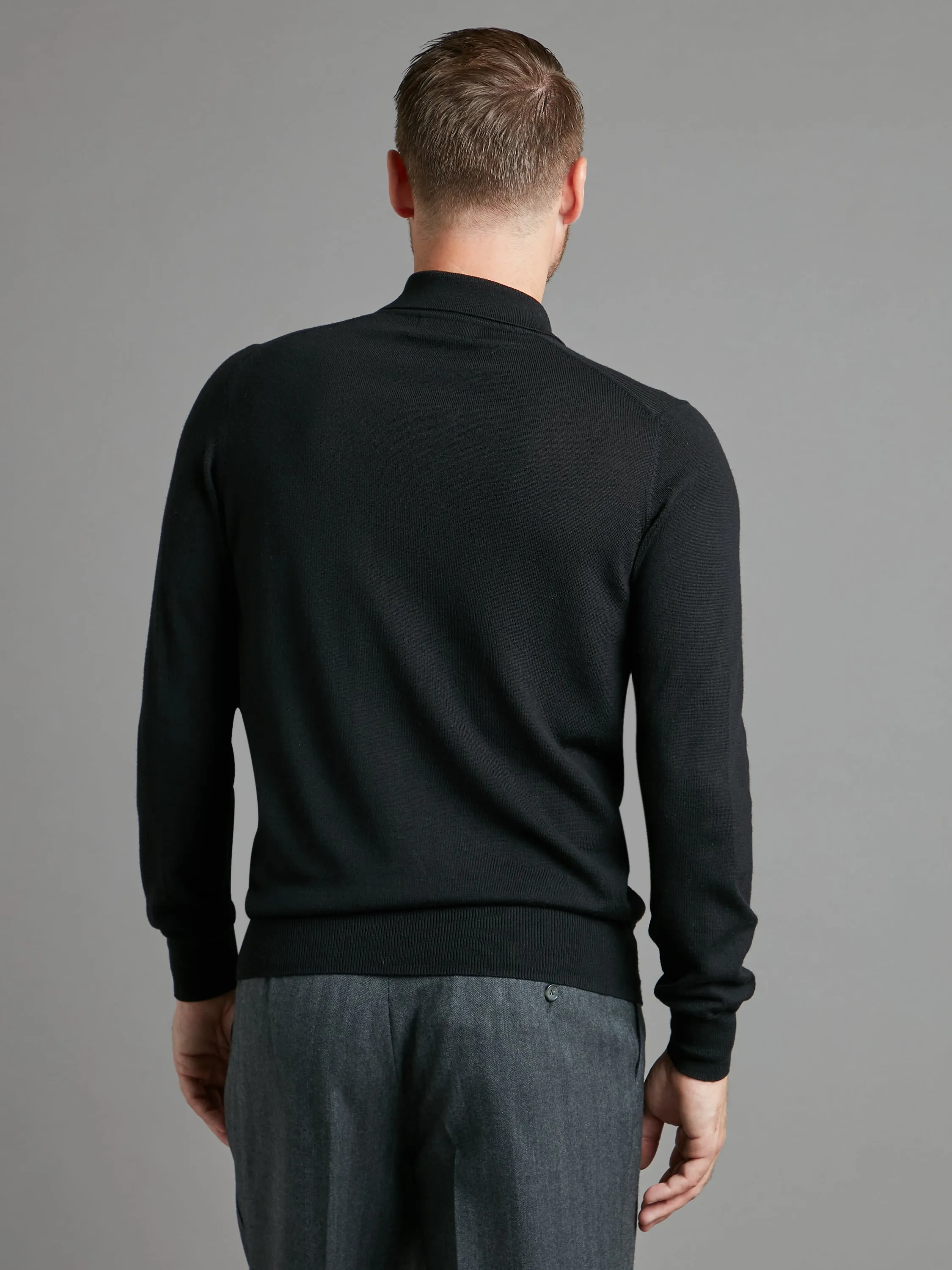 Fine Merino Long Sleeve Polo Shirt - Black