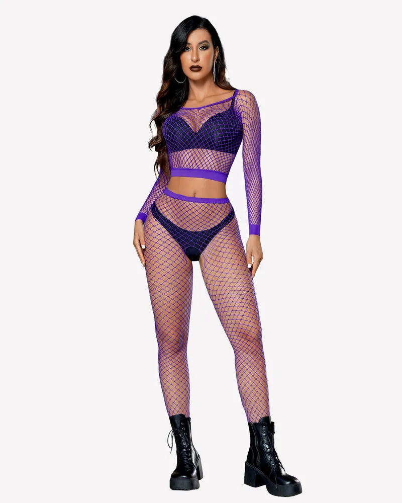 Fishnet Long Sleeve Two Piece Outfits Set