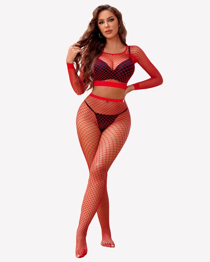 Fishnet Long Sleeve Two Piece Outfits Set