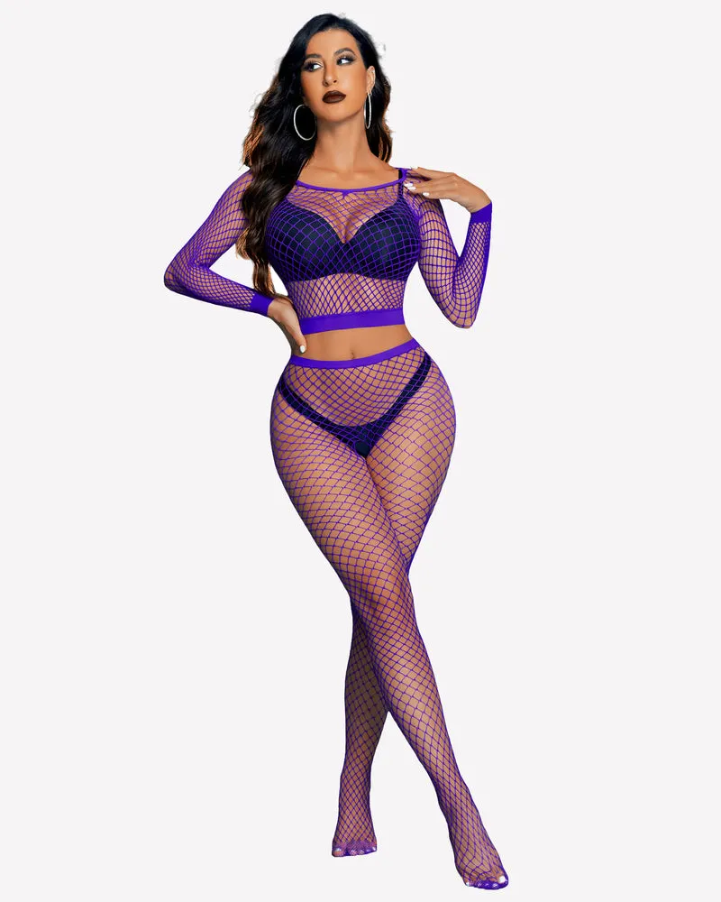 Fishnet Long Sleeve Two Piece Outfits Set