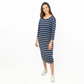 Frugi Erin for Maternity 3/4 Sleeve Navy Striped Midi Soft Jersey Dresses