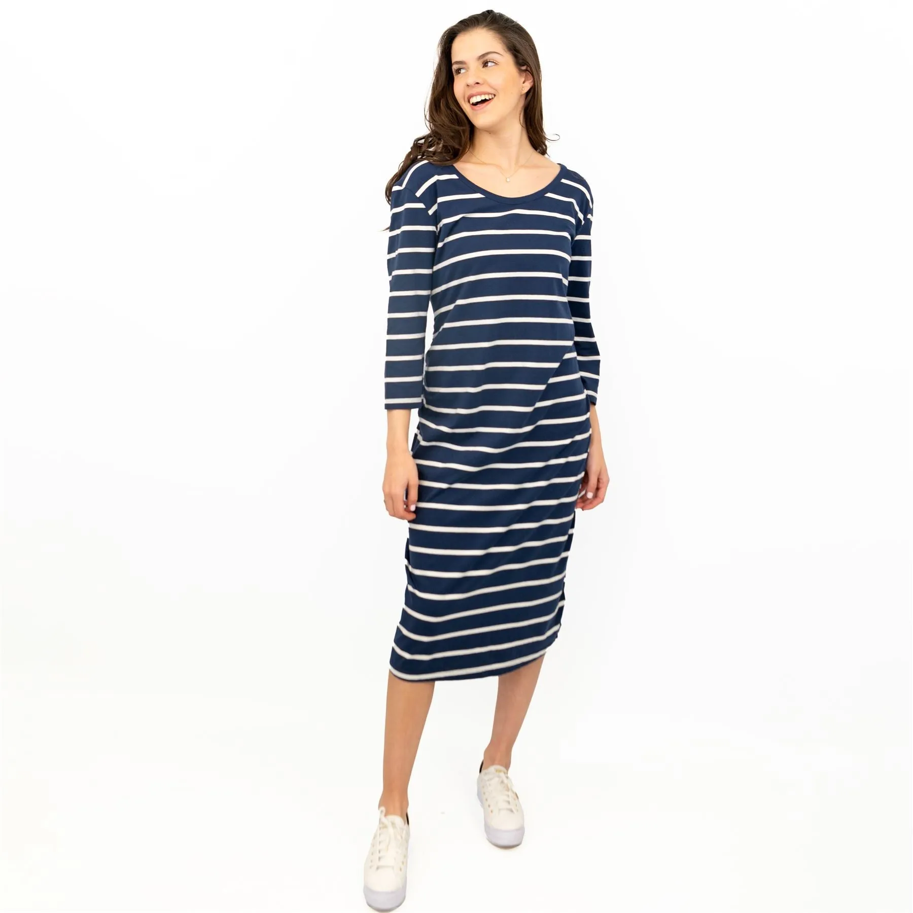 Frugi Erin for Maternity 3/4 Sleeve Navy Striped Midi Soft Jersey Dresses