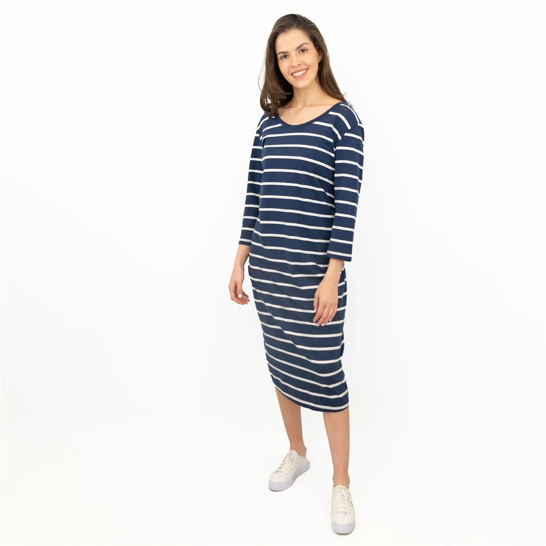 Frugi Erin for Maternity 3/4 Sleeve Navy Striped Midi Soft Jersey Dresses