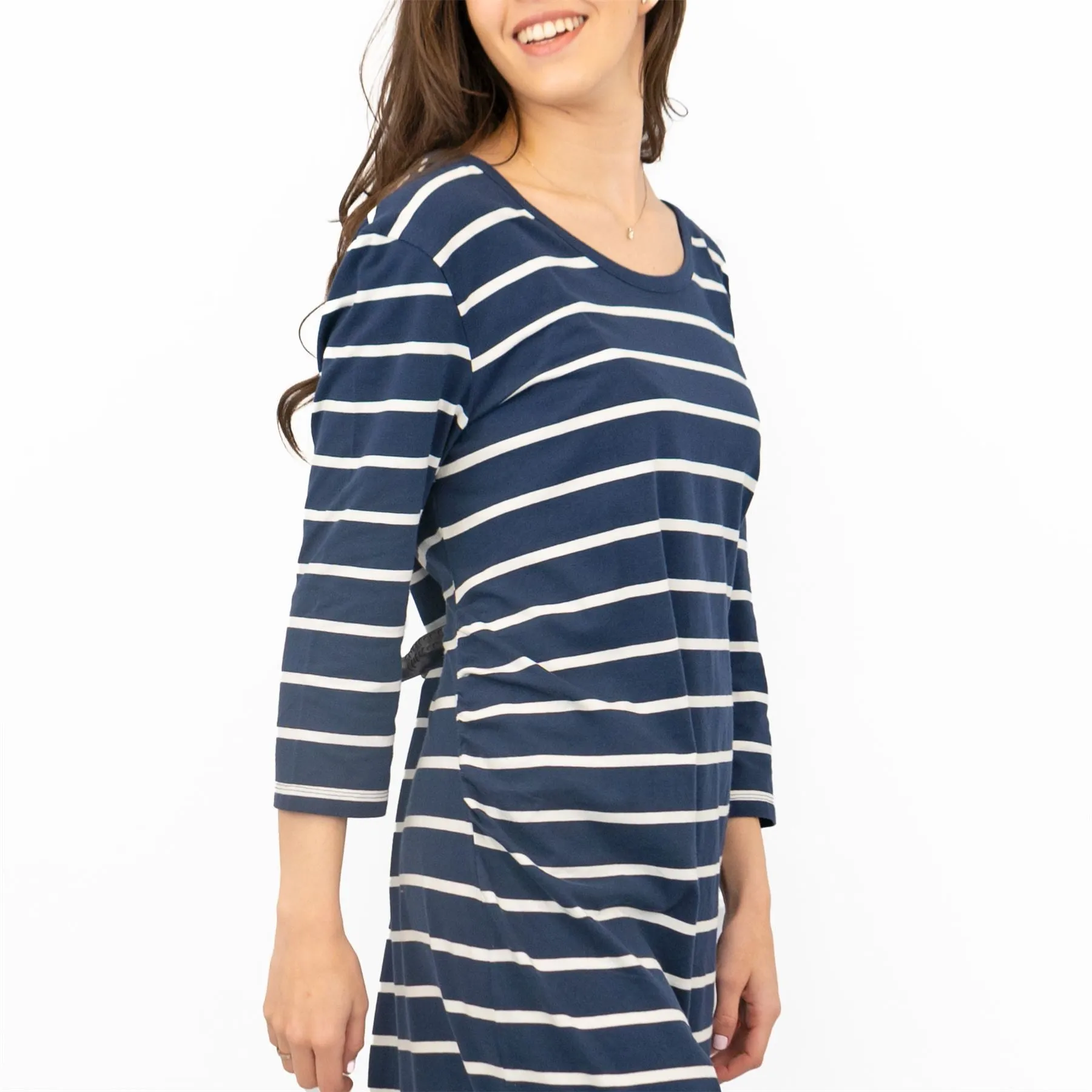 Frugi Erin for Maternity 3/4 Sleeve Navy Striped Midi Soft Jersey Dresses