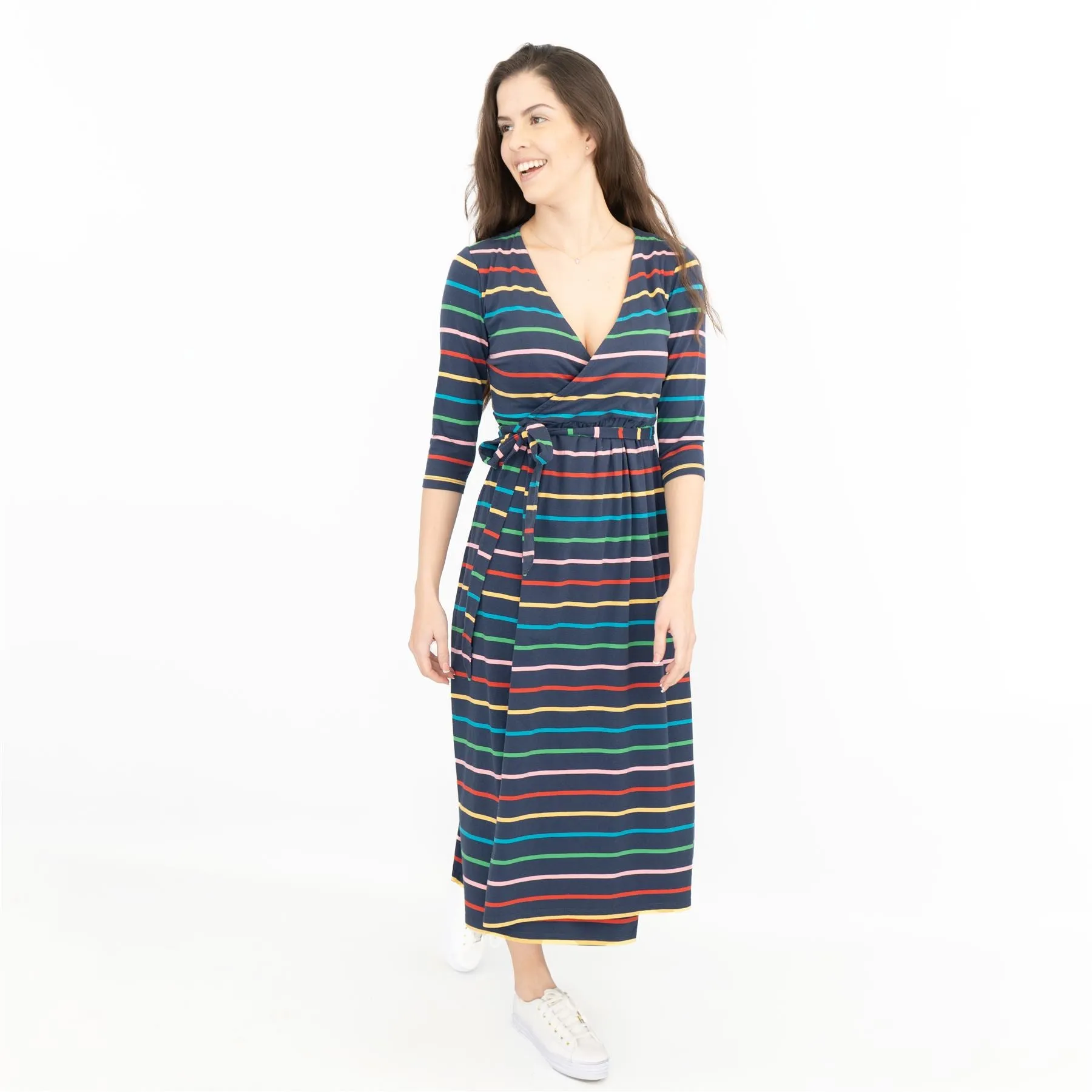 Frugi Rico Stripe Cross Wrap 3/4 Sleeve Maternity Nursing Midi Dress