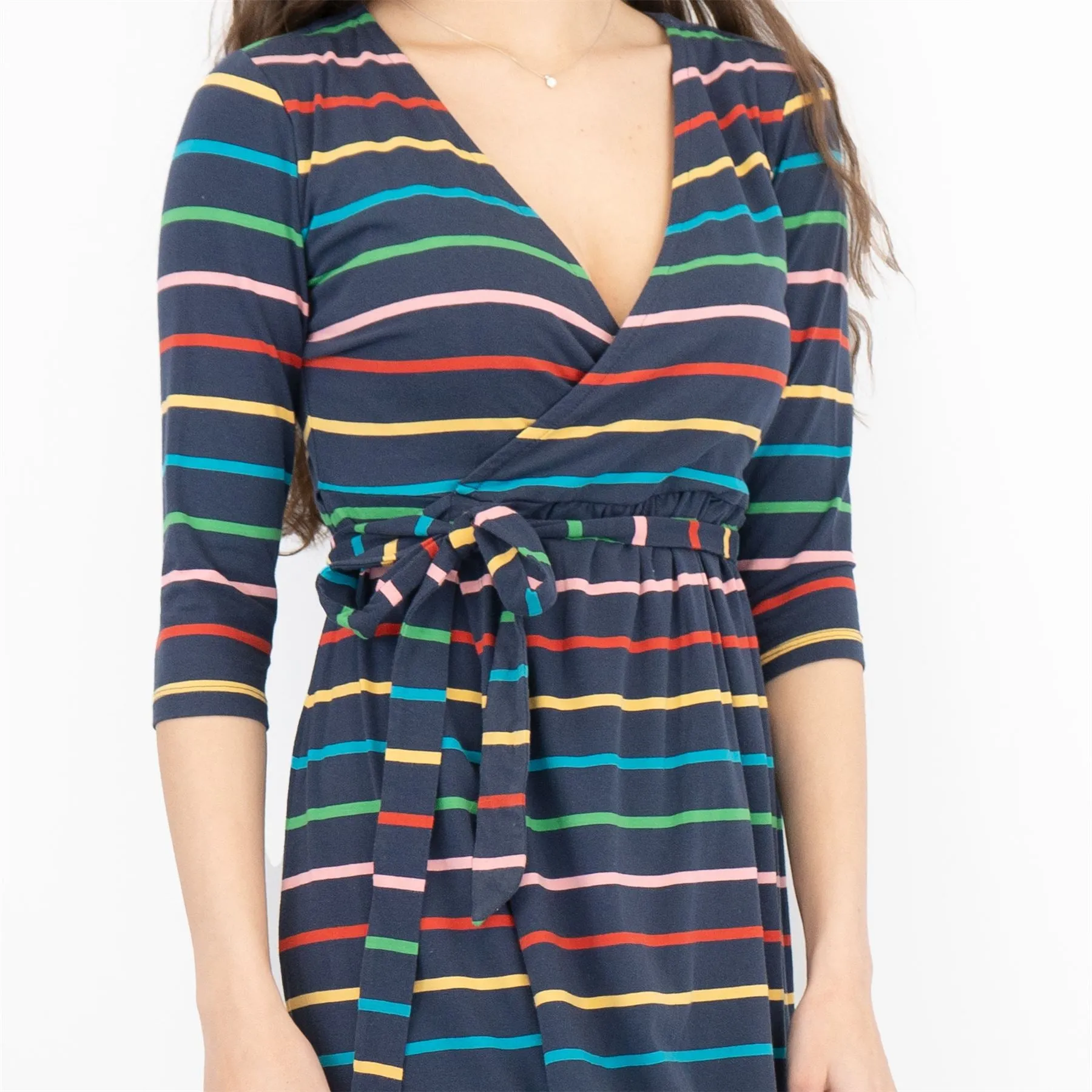 Frugi Rico Stripe Cross Wrap 3/4 Sleeve Maternity Nursing Midi Dress