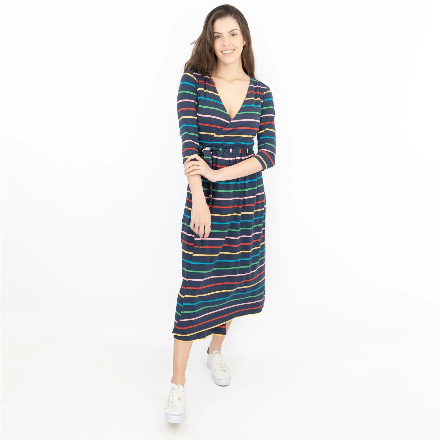 Frugi Rico Stripe Cross Wrap 3/4 Sleeve Maternity Nursing Midi Dress