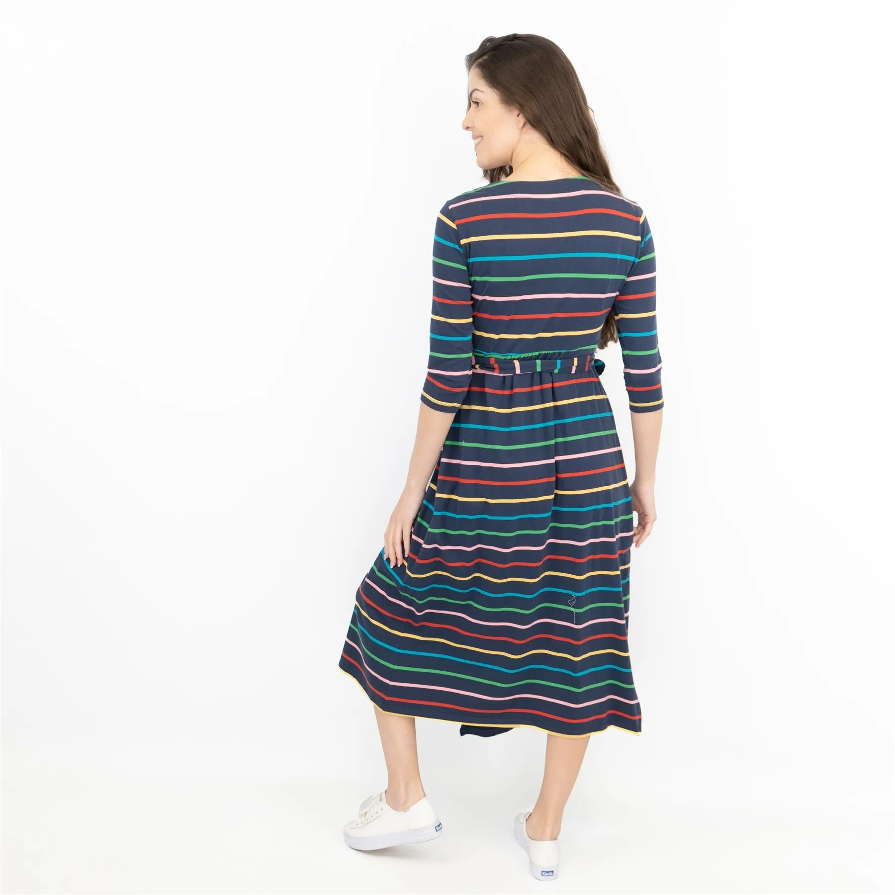 Frugi Rico Stripe Cross Wrap 3/4 Sleeve Maternity Nursing Midi Dress