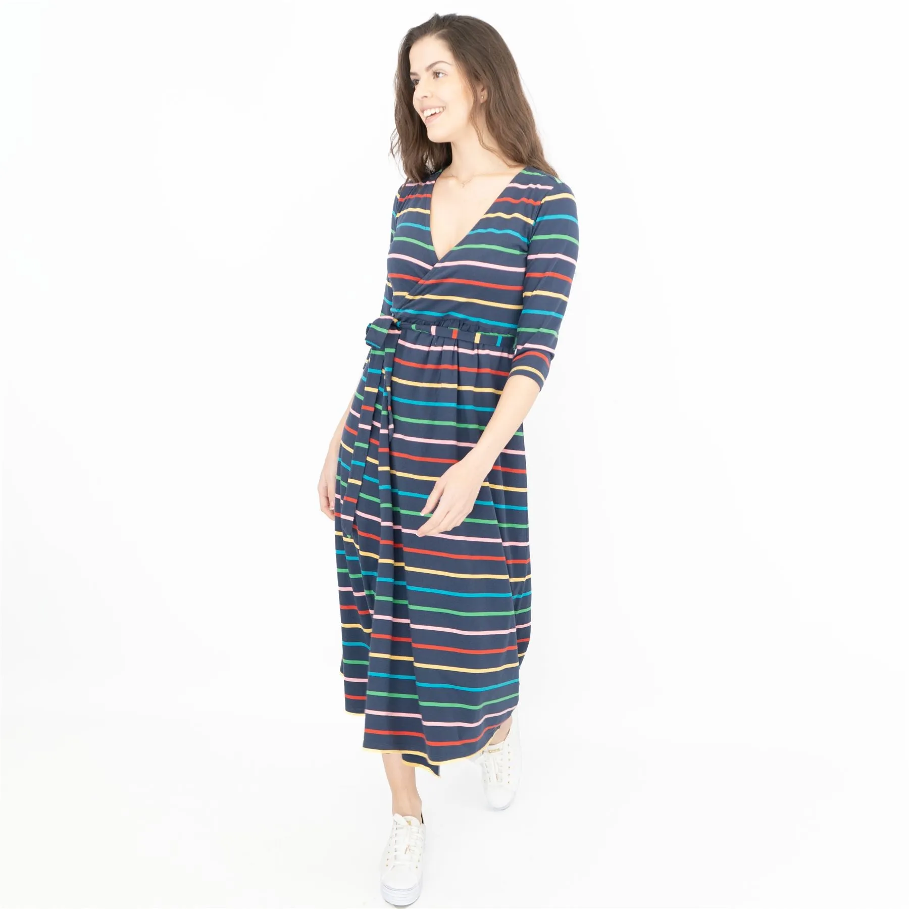 Frugi Rico Stripe Cross Wrap 3/4 Sleeve Maternity Nursing Midi Dress