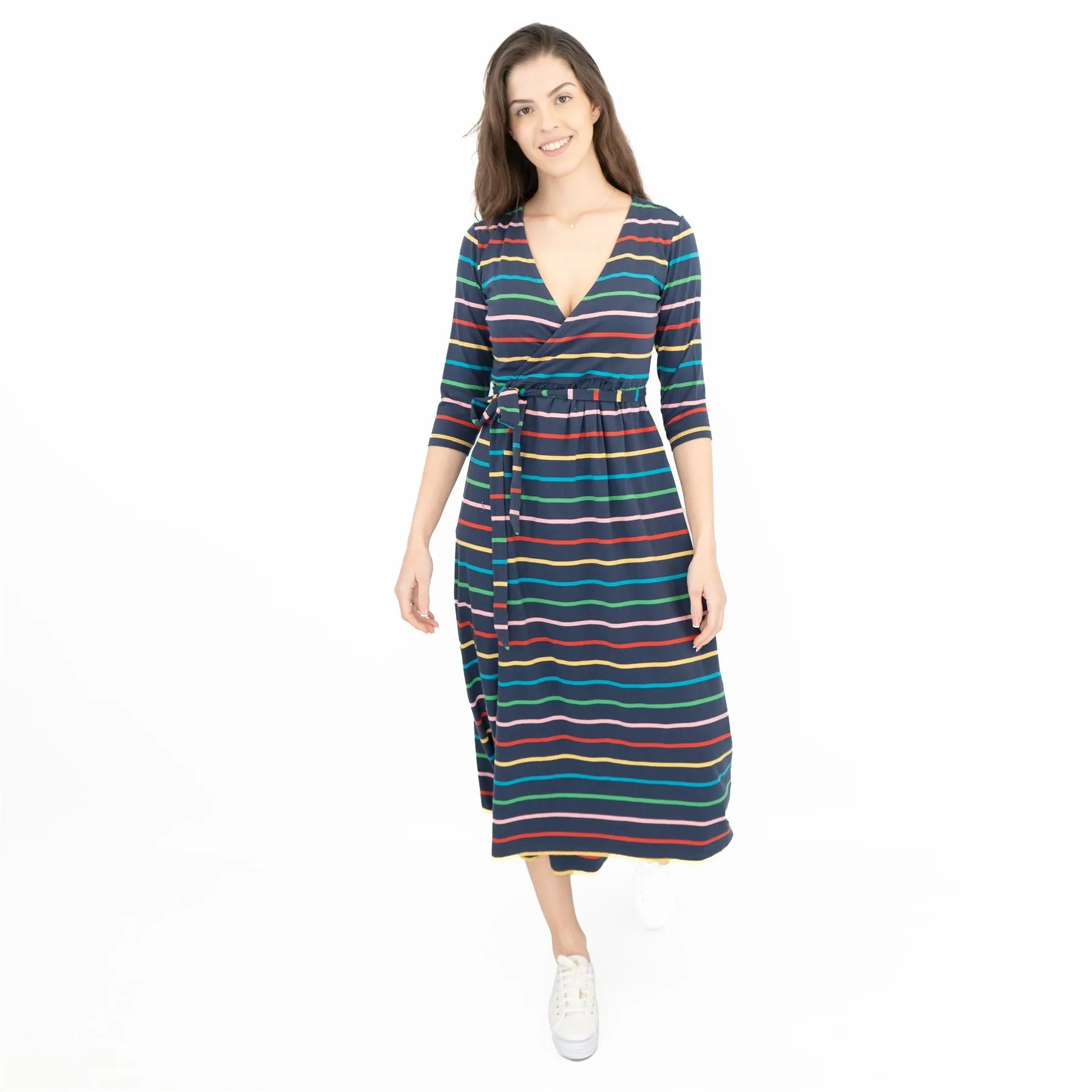 Frugi Rico Stripe Cross Wrap 3/4 Sleeve Maternity Nursing Midi Dress