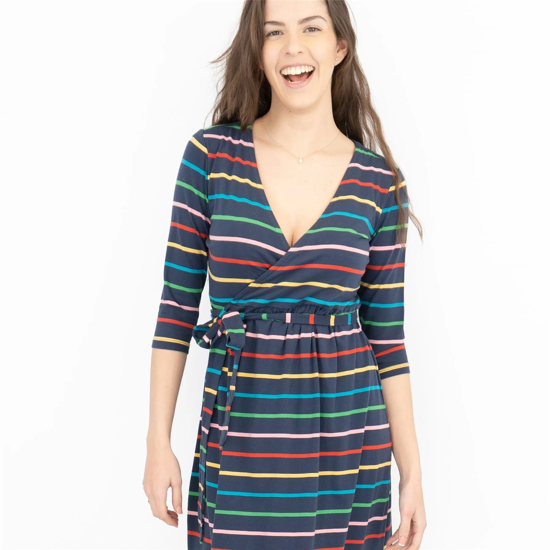 Frugi Rico Stripe Cross Wrap 3/4 Sleeve Maternity Nursing Midi Dress